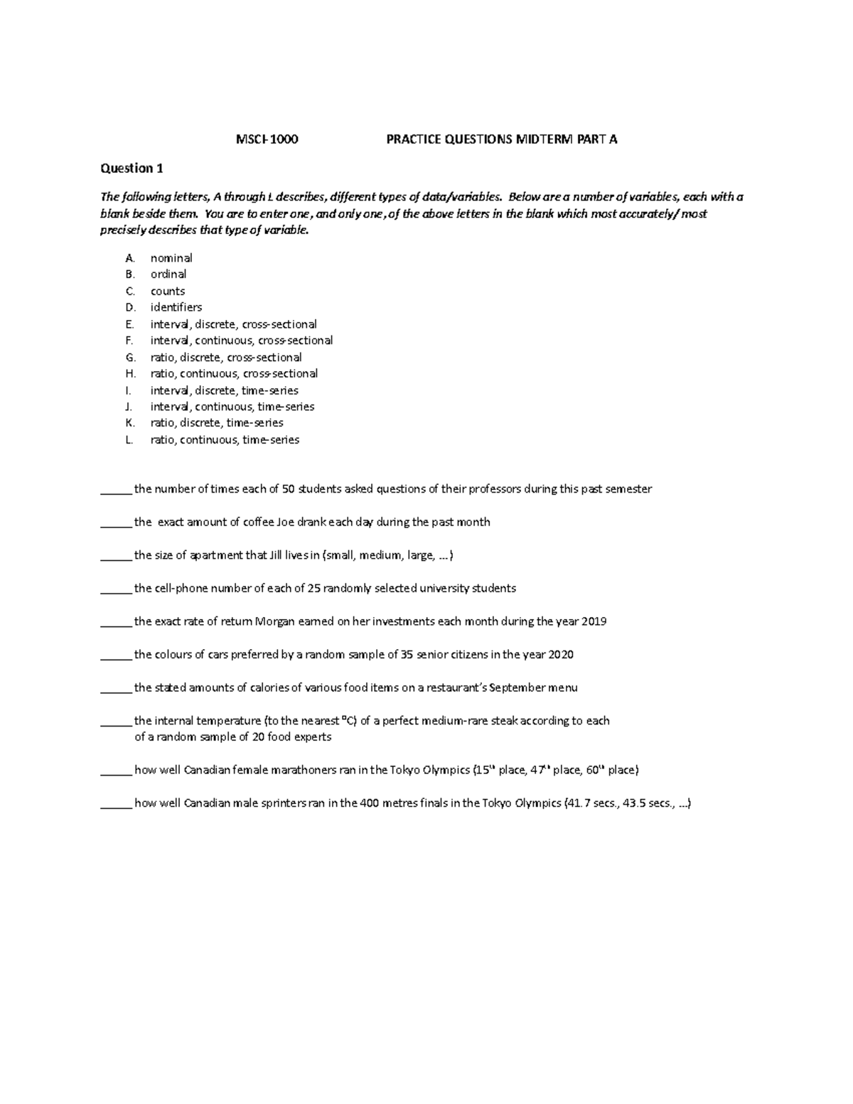 1000 Practice Midterm Questions Part A - MSCI-1000 PRACTICE QUESTIONS ...