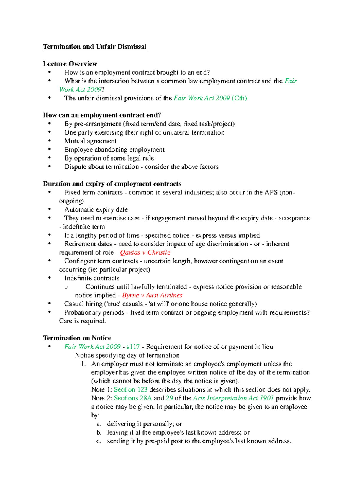 Wk4 L - Lecture notes 4 - Termination and Unfair Dismissal Lecture ...