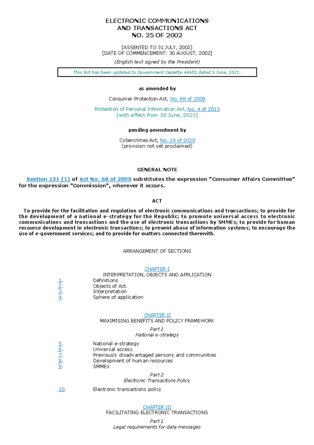 Electronic Communications and Transactions Act, No. 25 of 2002