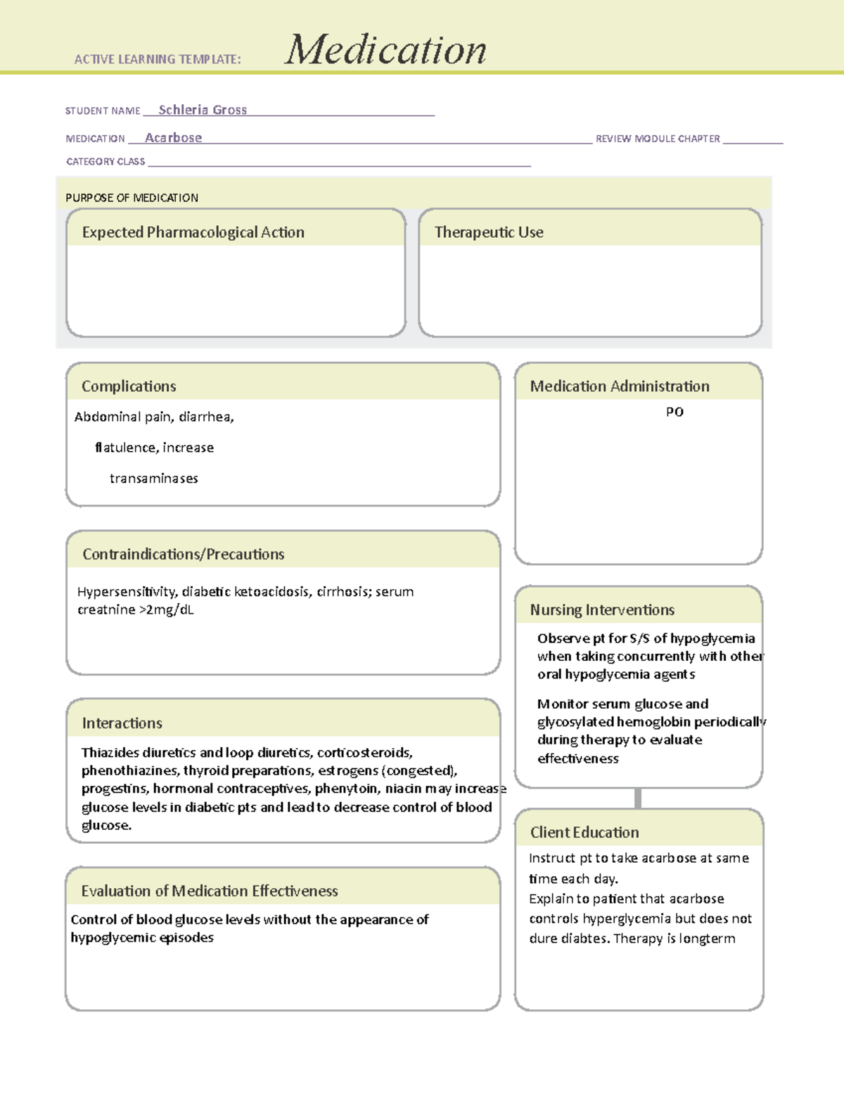 Aacarbose Medication Template - STUDENT NAME Schleria Gross