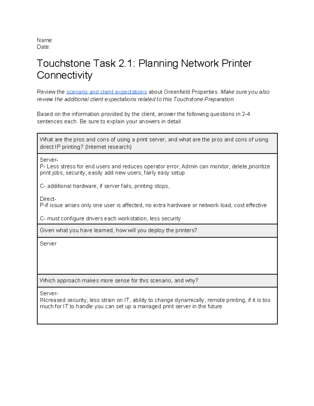 Touchstone Task 2.1 Planning Network Printer Connectivity Questions ...