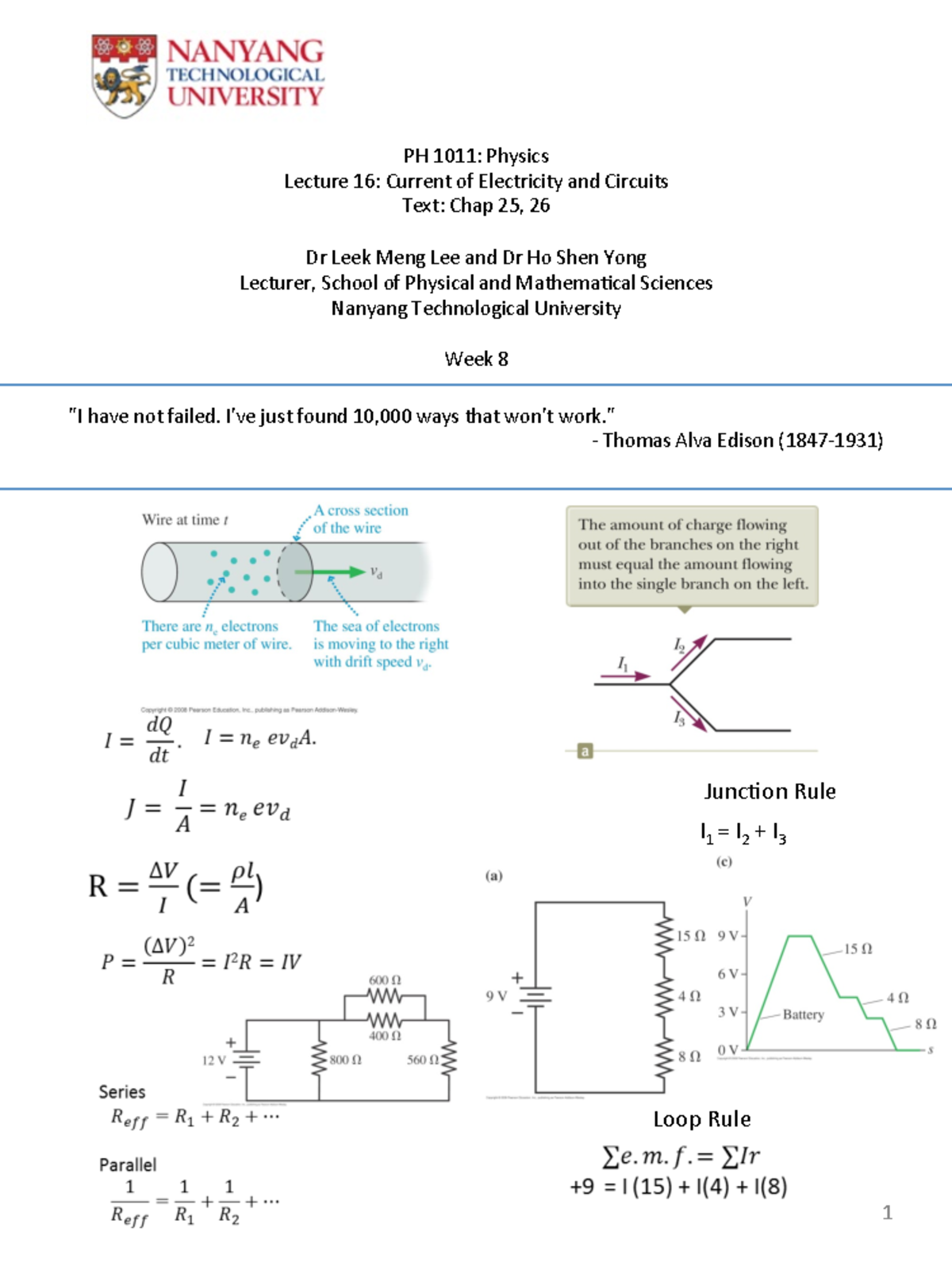 PH1011 L16 - Lecture notes 16 - PH 1011: Physics Lecture 16: Current of ...