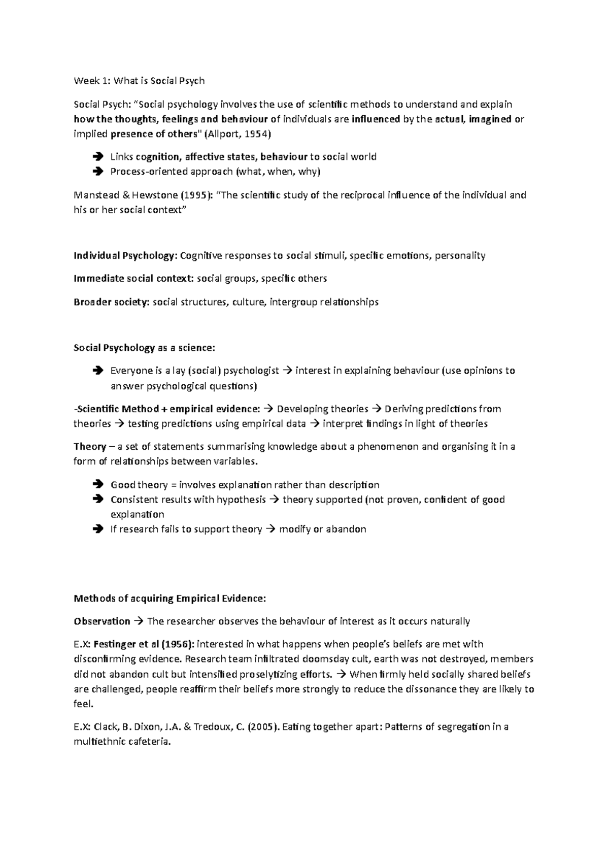 Week 1 The Self - Week 1 notes - Week 1: What is Social Psych Social ...