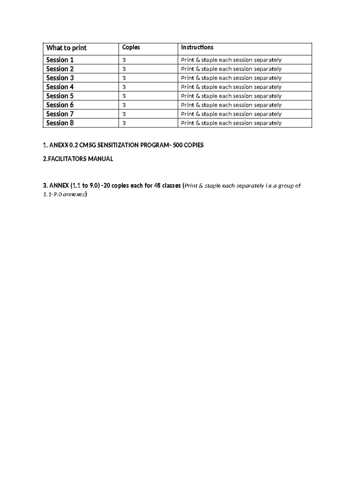 CMSG Checklist - What to print Copies Instructions Session 1 3 Print ...