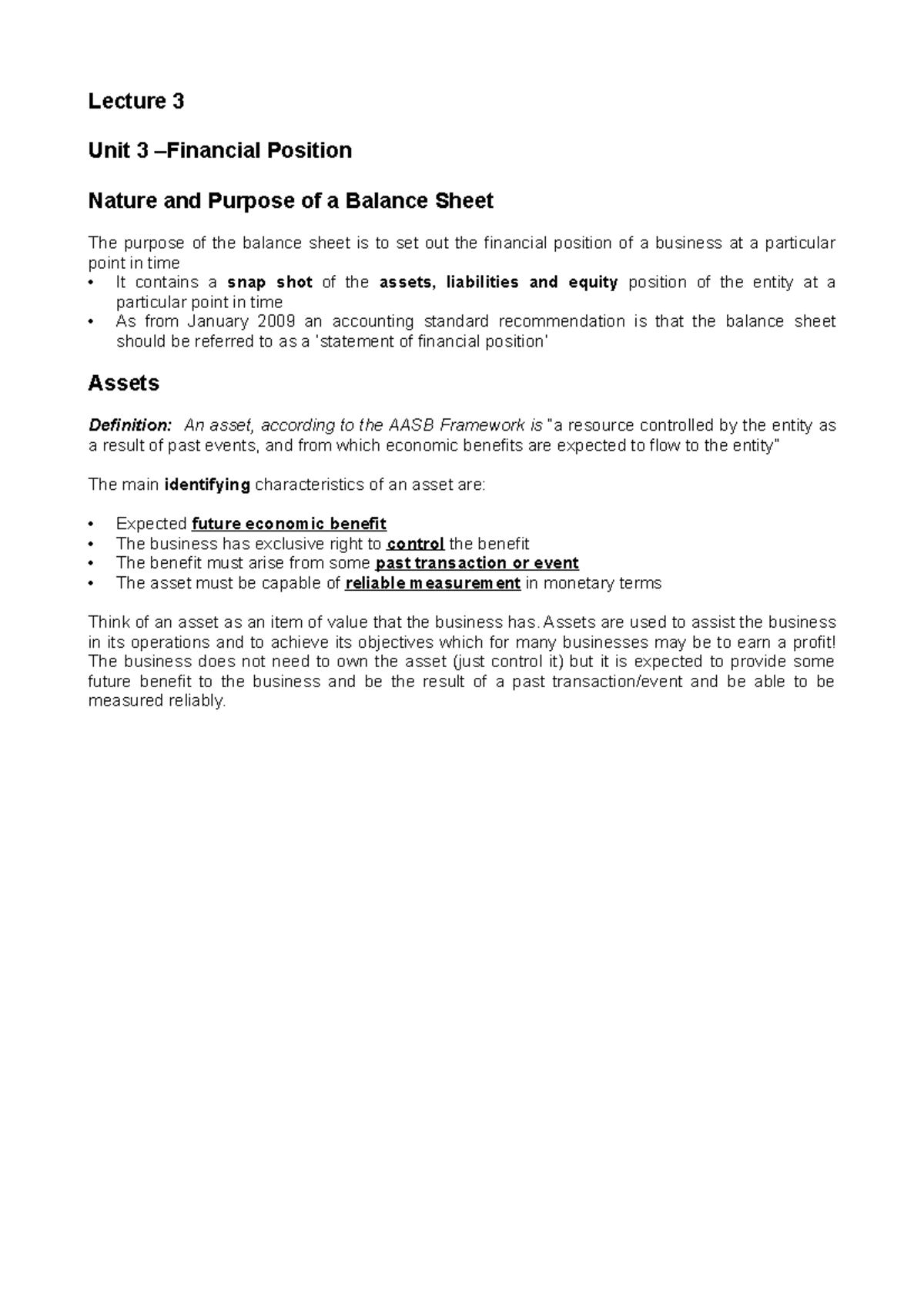 Lecture-Notes-Balance Sheet - Lecture 3 Unit 3 –Financial Position ...