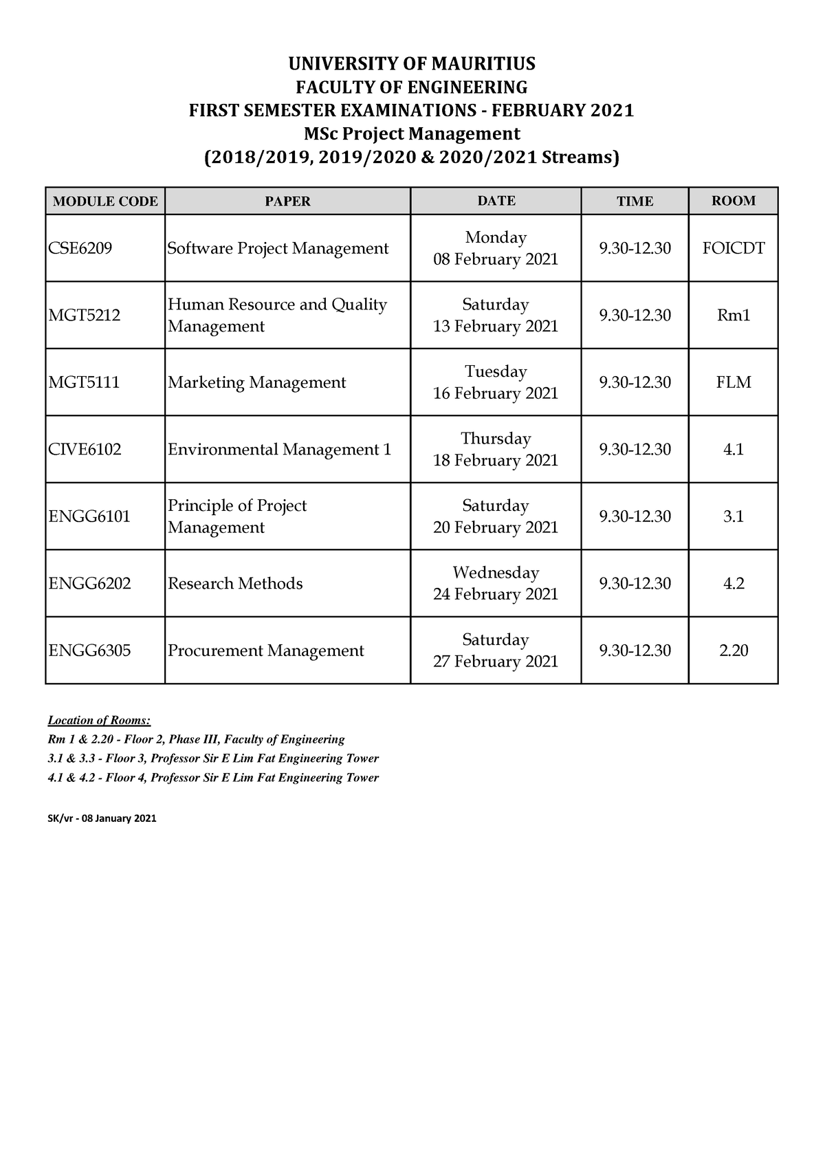 msc-project-management-exam-timetable-semester-1-module-code-paper