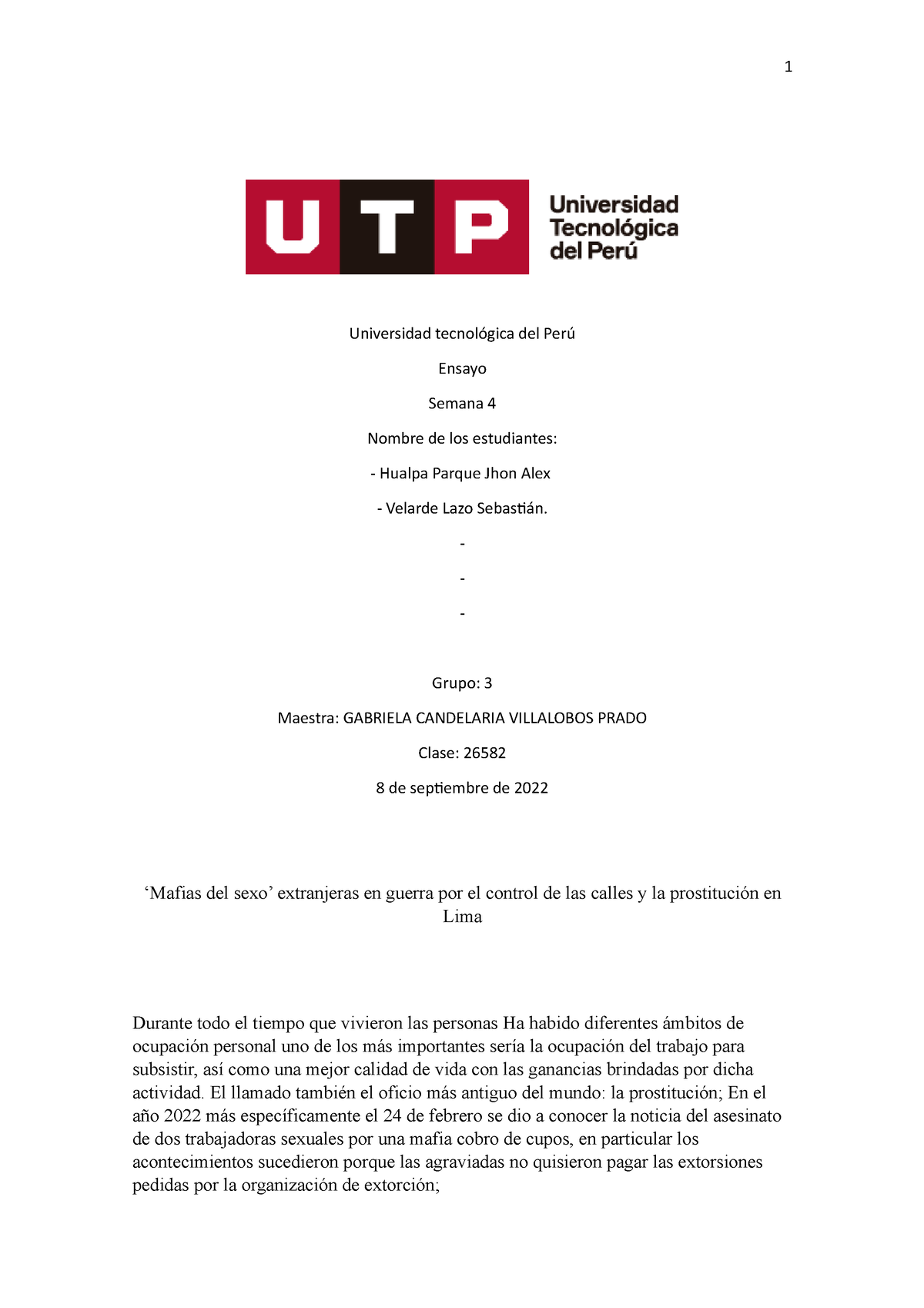Mafias Del Sexo Ta 1 Ensayo Universidad Tecnológica Del Perú Ensayo Semana 4 Nombre De Los 0092
