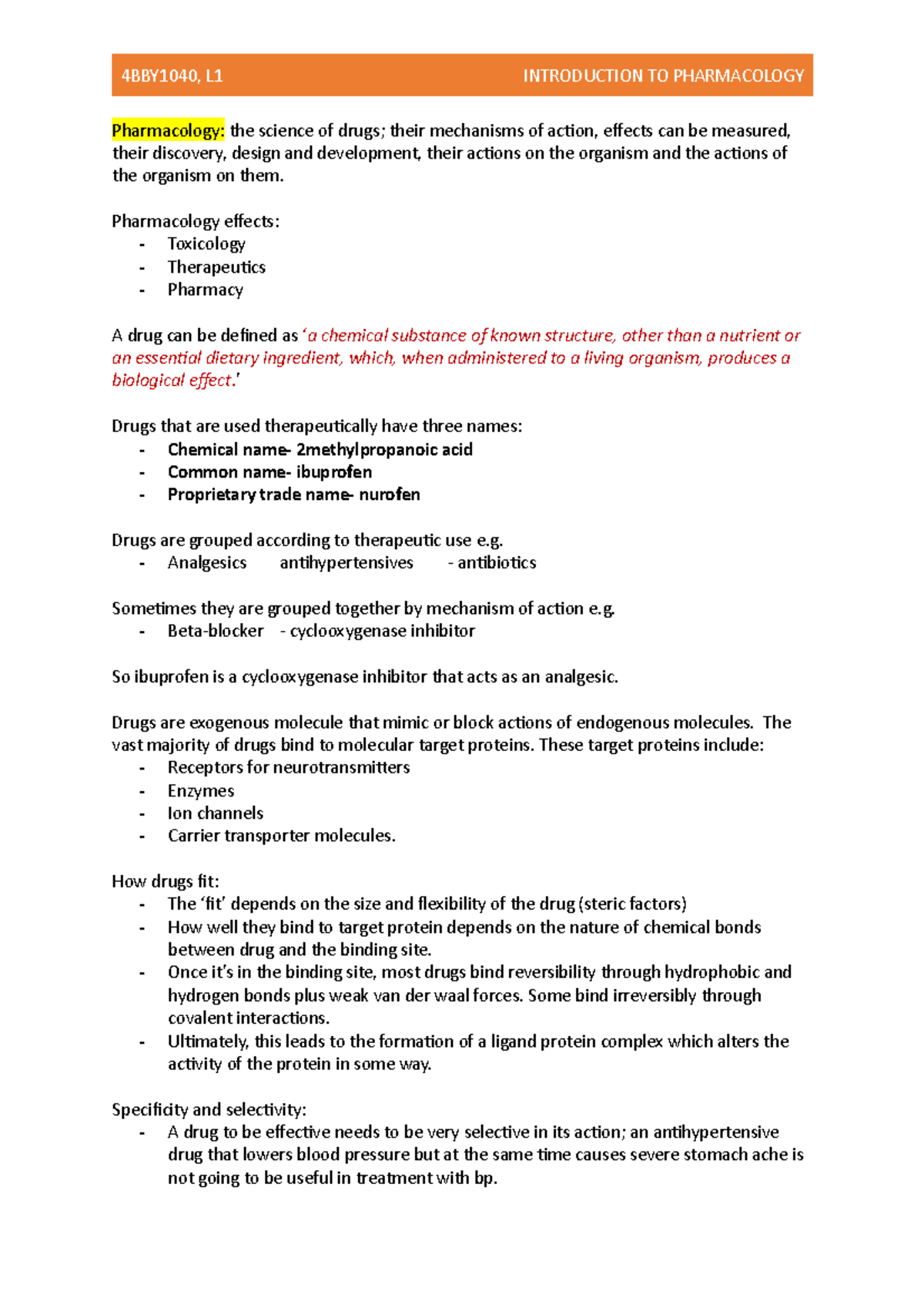 L.1 intro - Lecture notes 1 - 4BBY1040, L1 INTRODUCTION TO PHARMACOLOGY ...