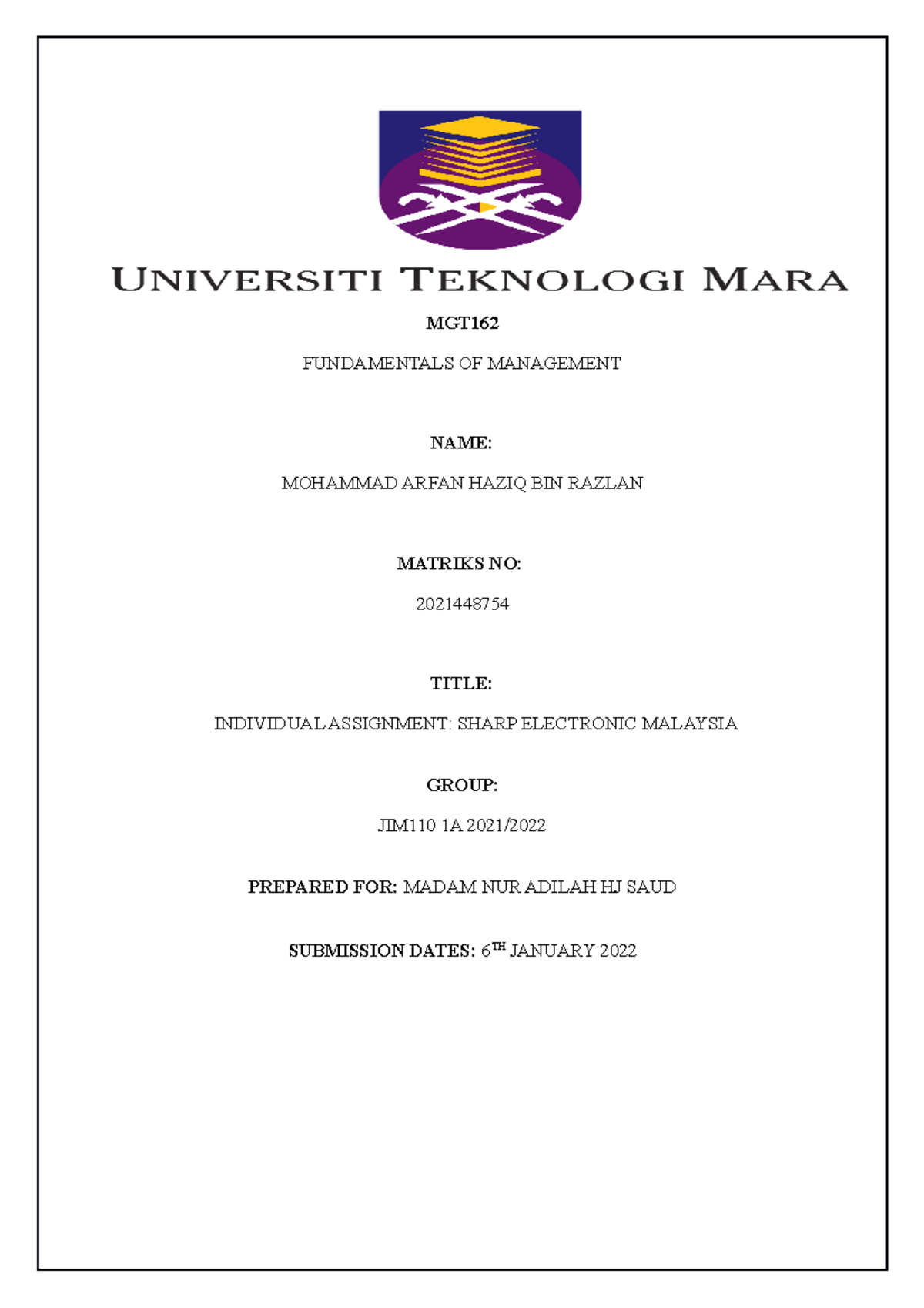 Individual assignment - MGT FUNDAMENTALS OF MANAGEMENT NAME: MOHAMMAD ...