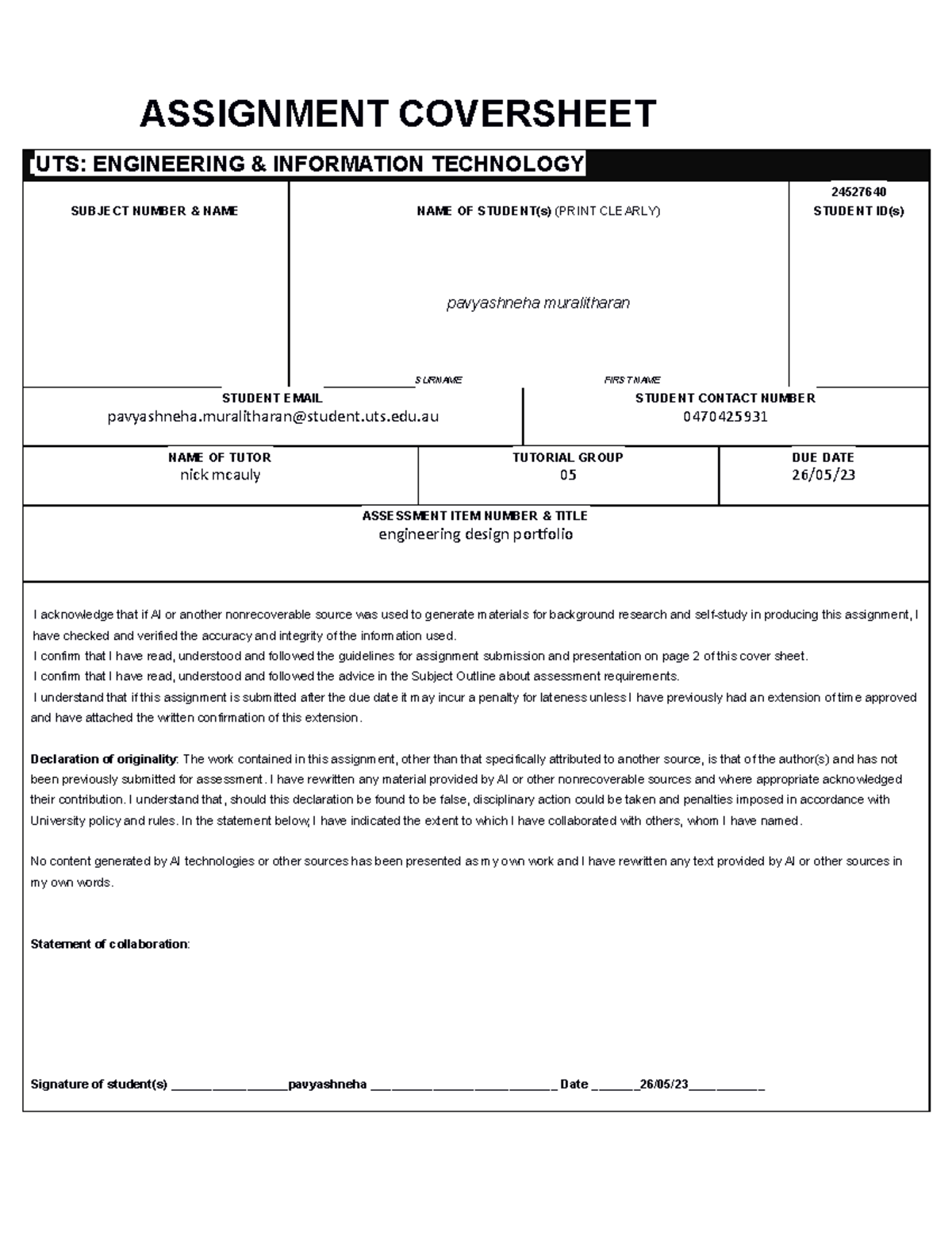 feit assignment cover sheet