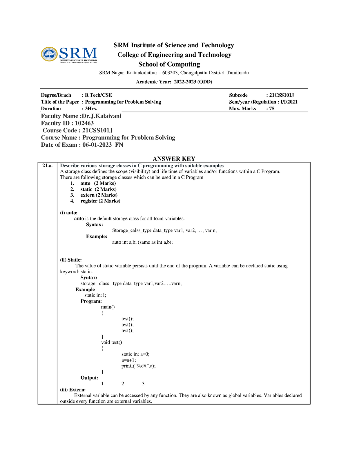 21CSS101J-answer-key - SRM Institute Of Science And Technology College ...