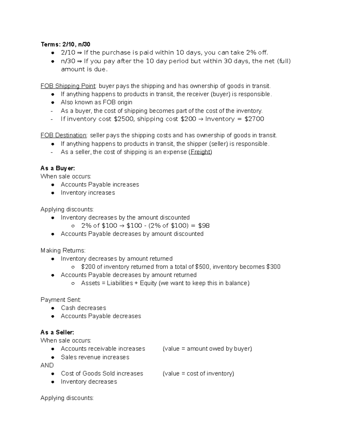 Ch 5 Questions - Terms: 2/10, n/ 2/10 ⇒ If the purchase is paid within ...