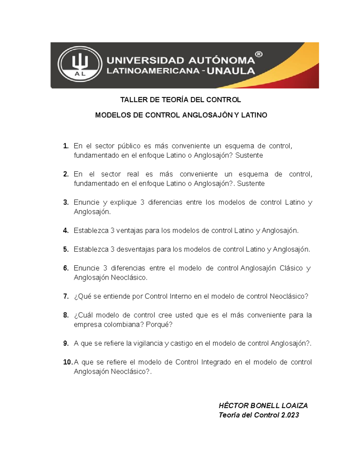Taller Modelos DE Control 2023 TALLER DE TEORÍA DEL CONTROL MODELOS