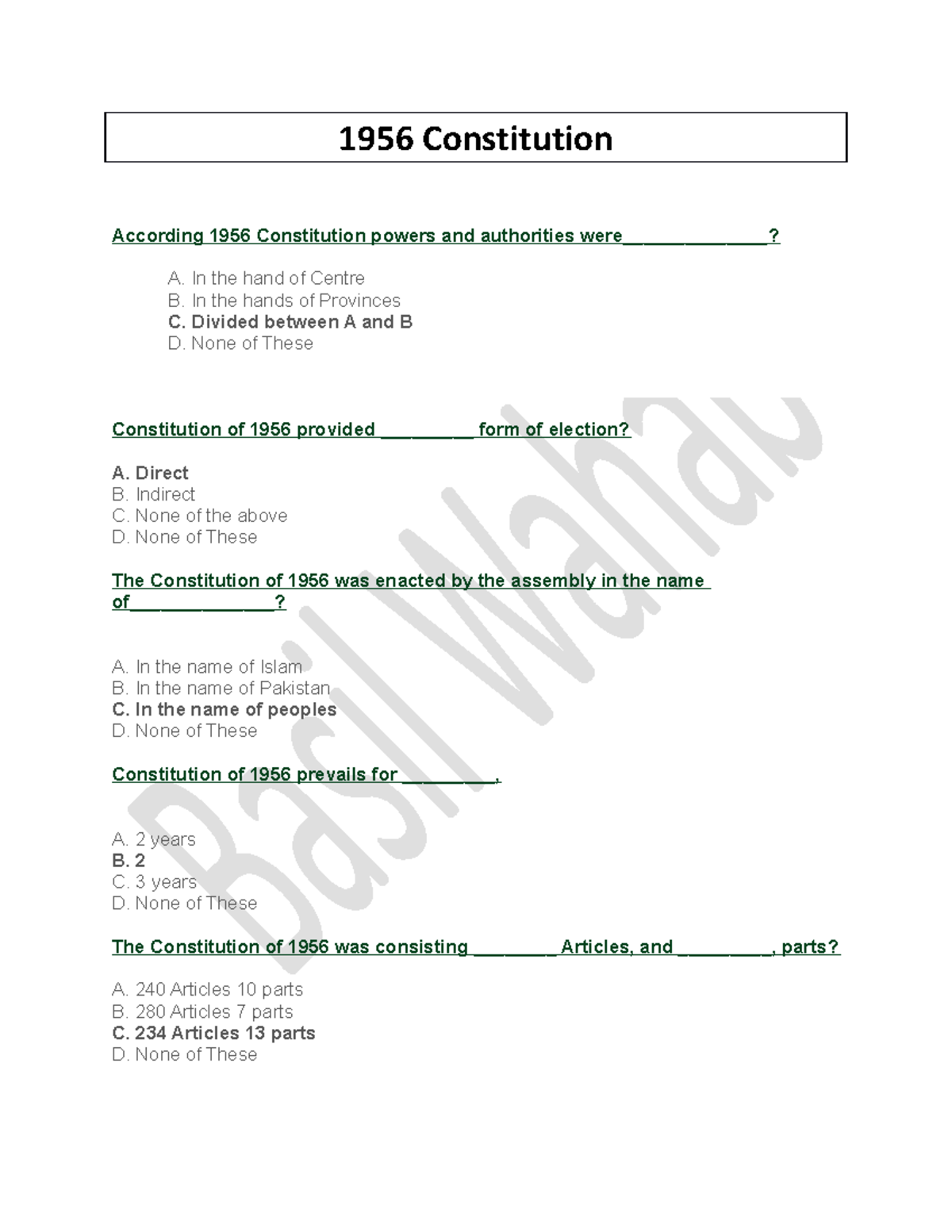 1956,1962,1973 Constitution MCQs 1956 Constitution According 1956 Constitution powers and