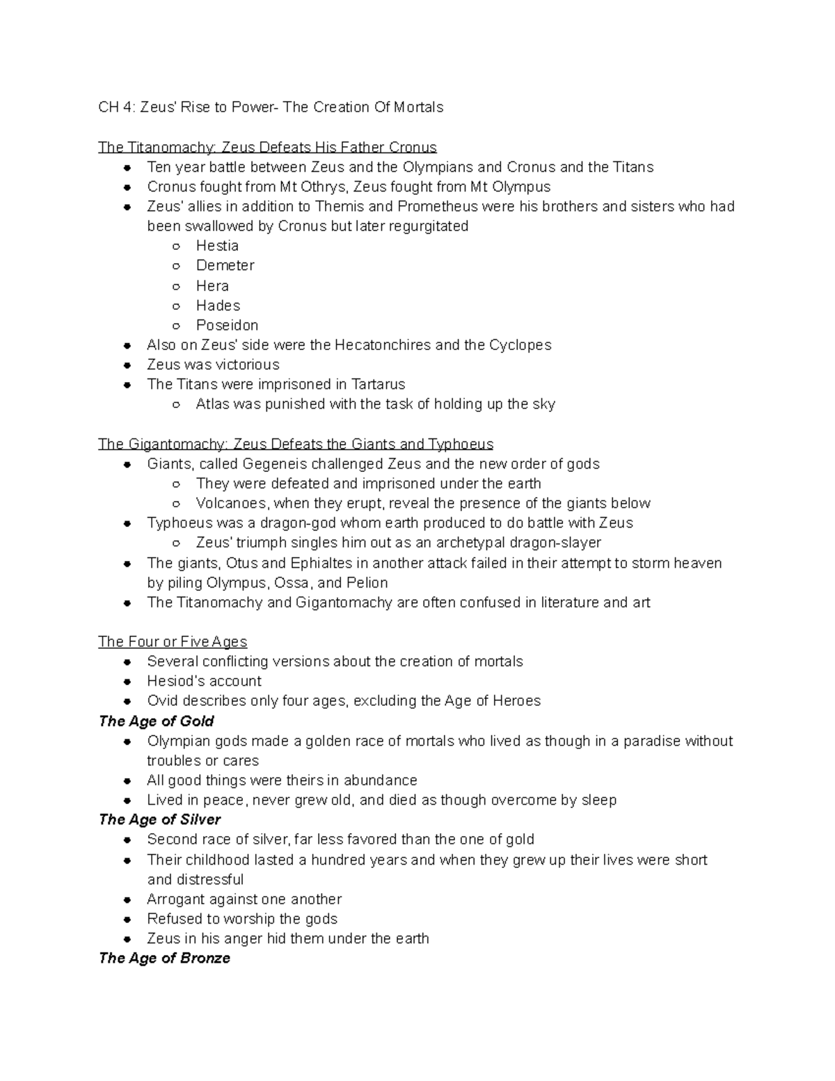 CH 4 Book Notes Summary Classical Mythology CH 4 Zeus’ Rise to