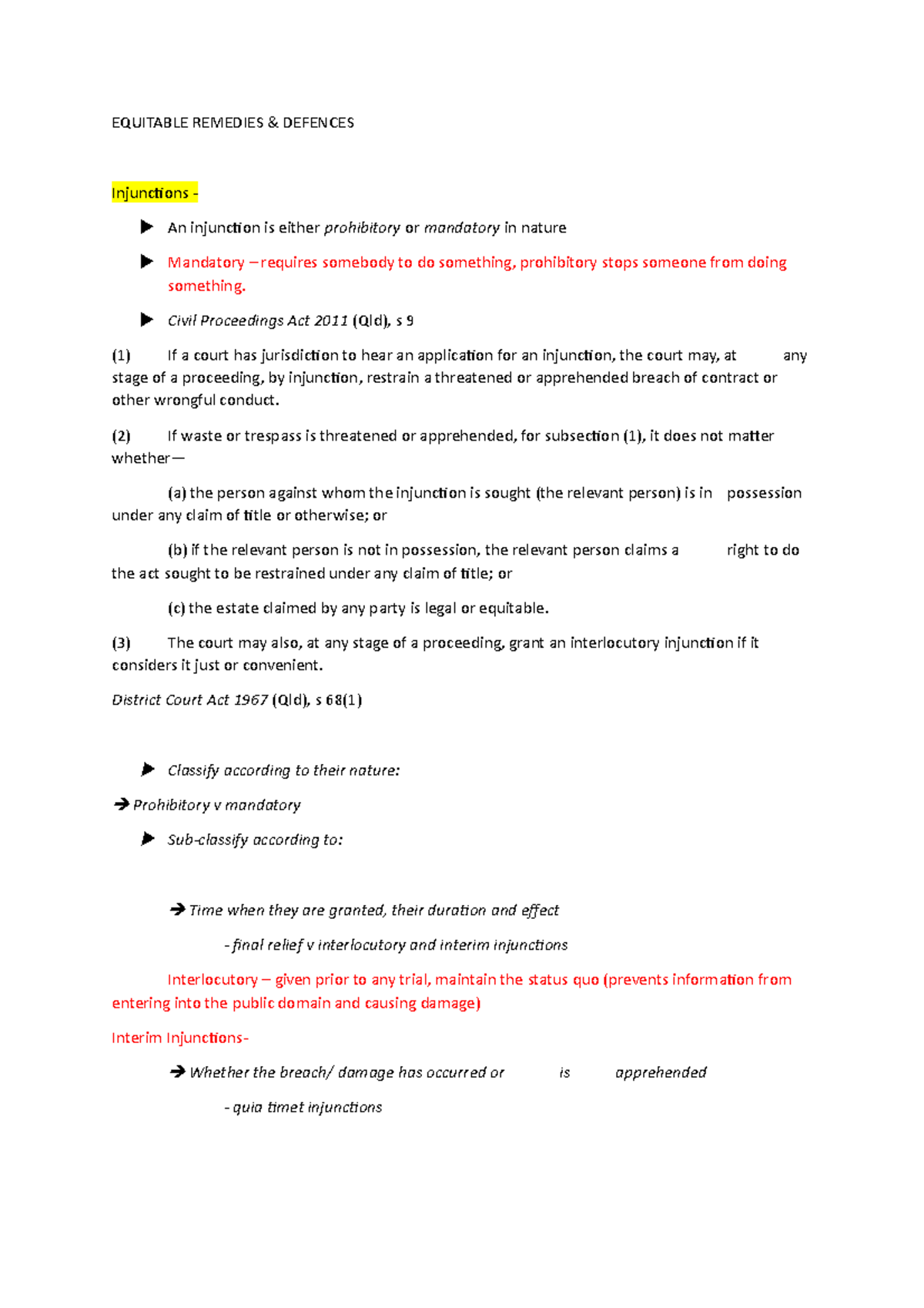 Lecture Two- Equity - EQUITABLE REMEDIES & DEFENCES Injunctions - An ...