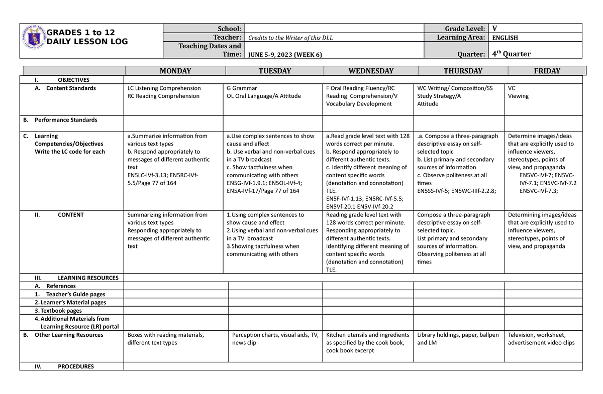 Grade 5 Dll English 5 Q4 Week 6 - Grades 1 To 12 Daily Lesson Log 