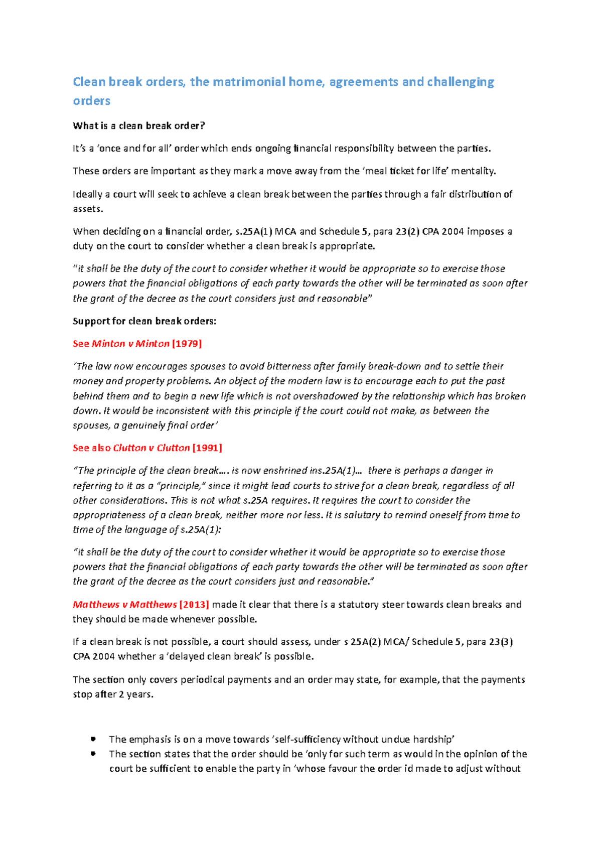 Lec 9 Clean break orders Clean break orders, the matrimonial home