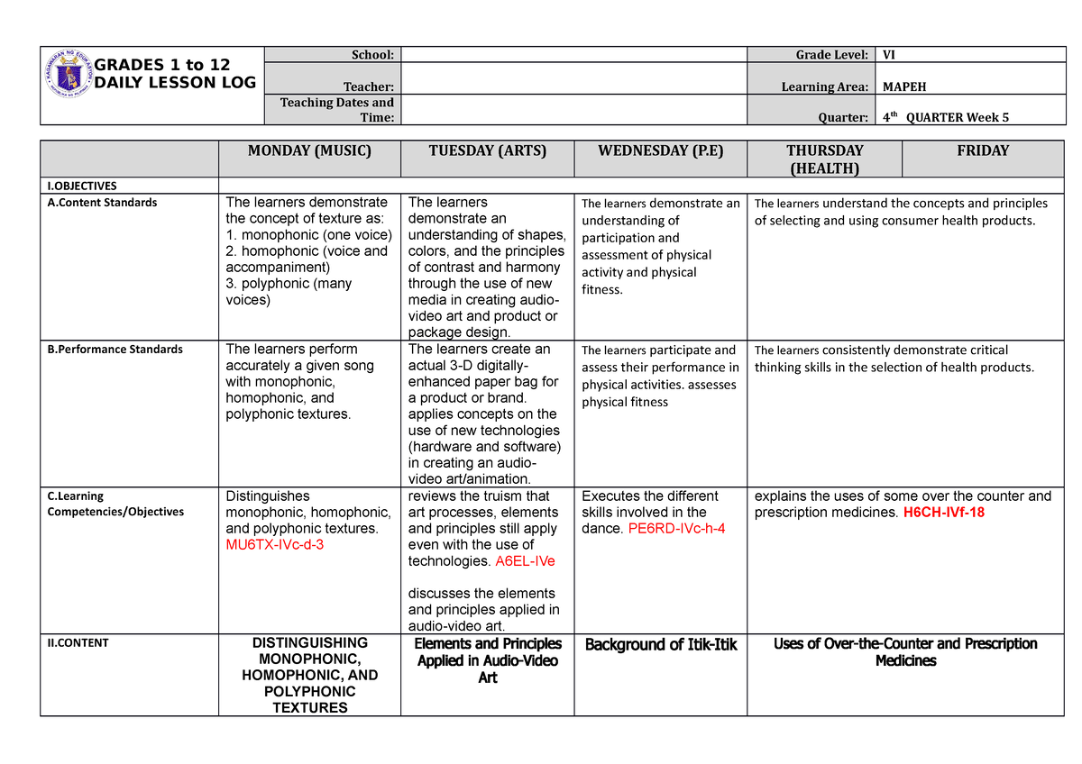 DLL Mapeh 6 Q4 W5 - SDFDSF - GRADES 1 To 12 DAILY LESSON LOG School ...