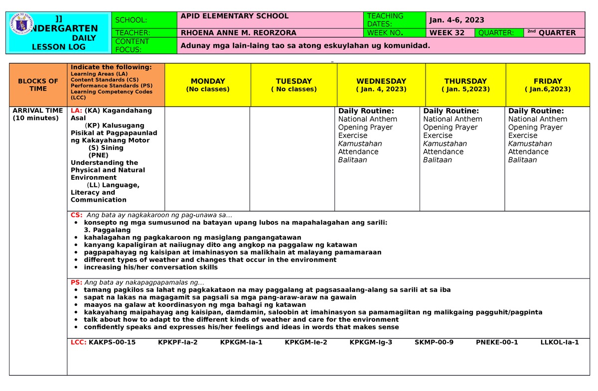 Kindergarten-DLL Q2 W7 - ]] KINDERGARTEN DAILY LESSON LOG SCHOOL: APID ...