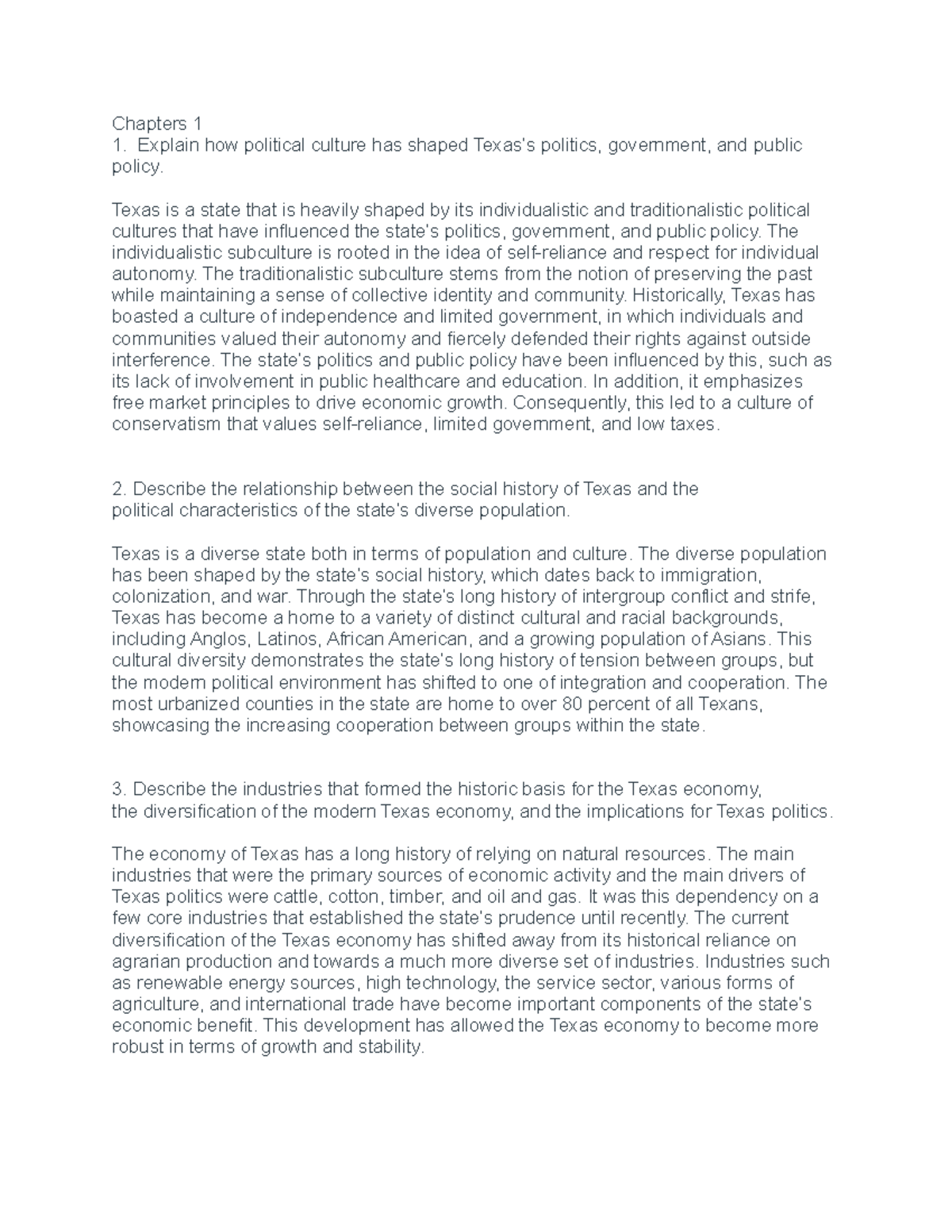 TX Gov. Definitions Chapters 1 Explain how political culture has