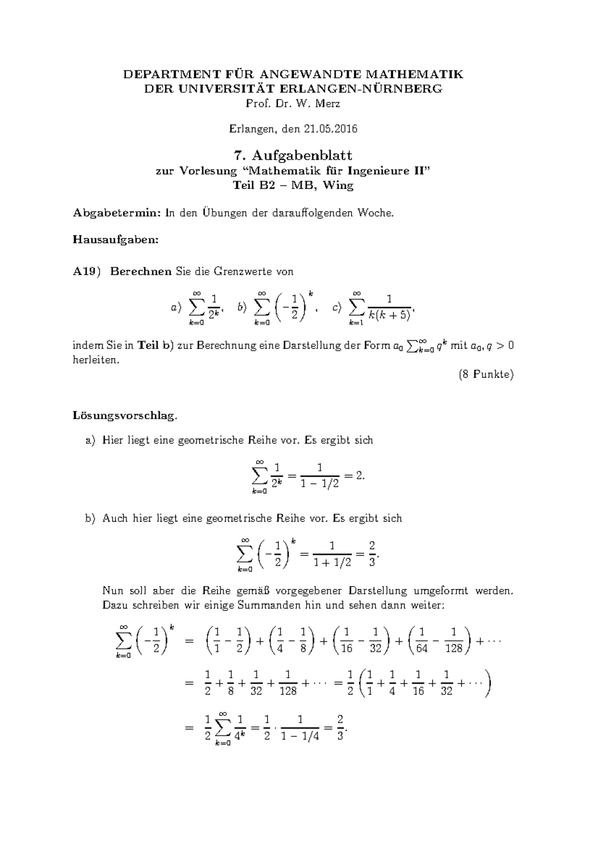 Blatt 7 Los - Mathematik B2 - DEPARTMENT FUR ANGEWANDTE MATHEMATIK ̈ ...