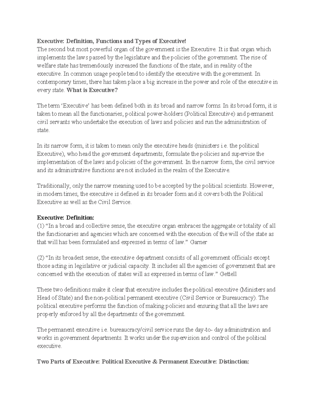 Executive arm of gvt Executive Definition, Functions and Types of