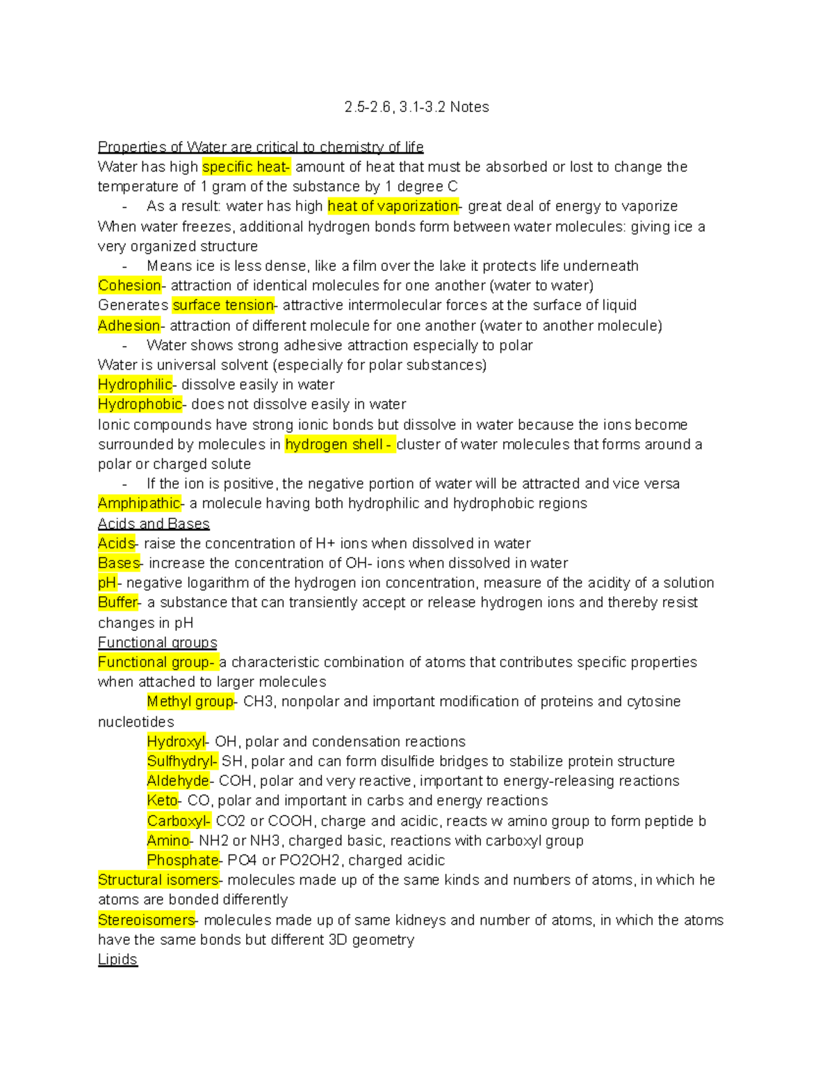 2.5-2.6, 3.1-3.2 Notes - 2.5-2, 3.1-3 Notes Properties of Water are ...