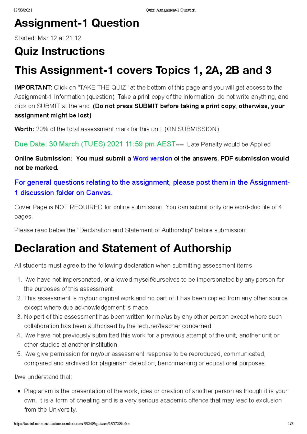 Quiz Assignment-1 Question - 12/03/2021 Quiz: Assignment-1 Question ...