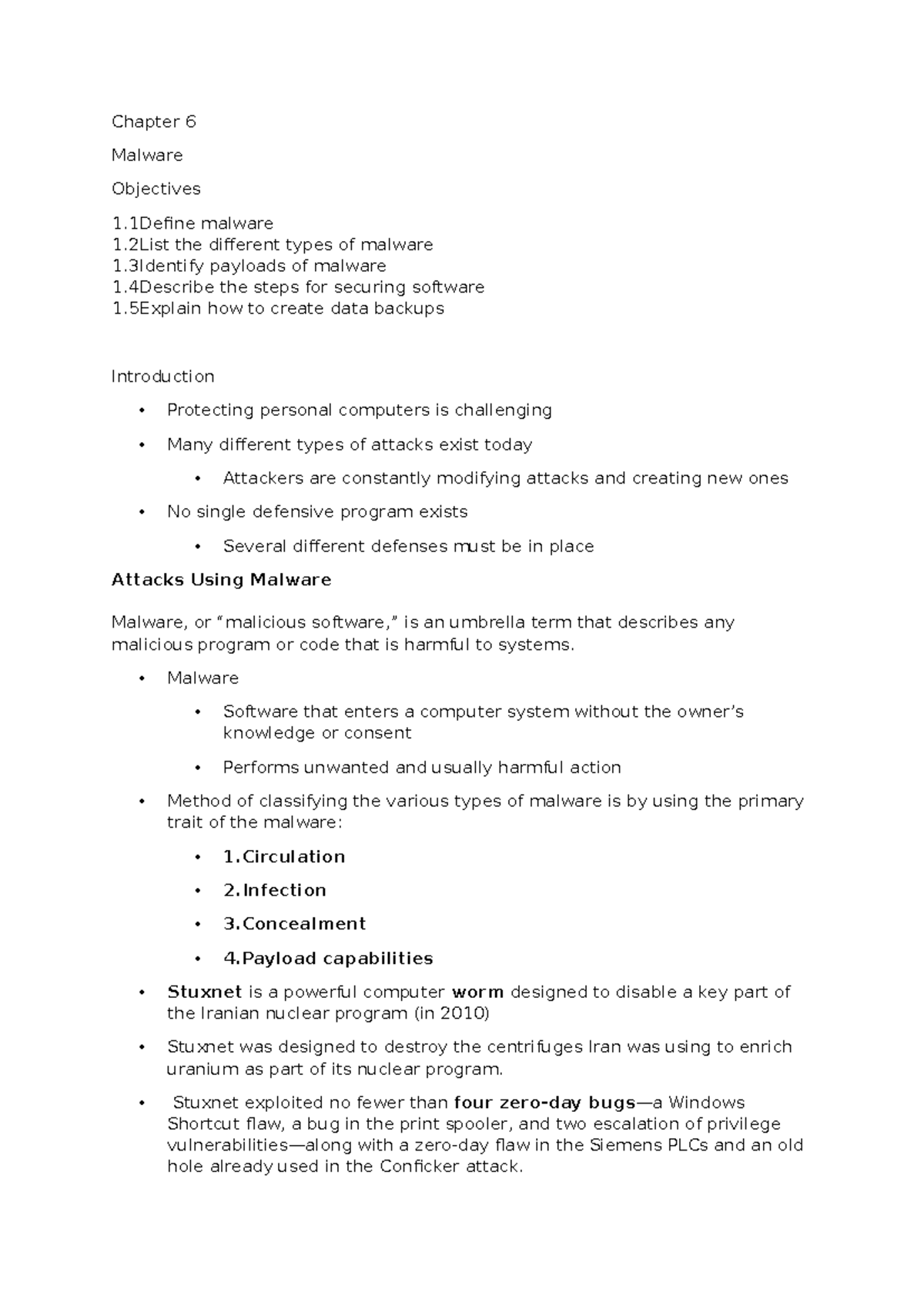 Chapter 6 - Summary Information Security - Chapter 6 Malware Objectives ...