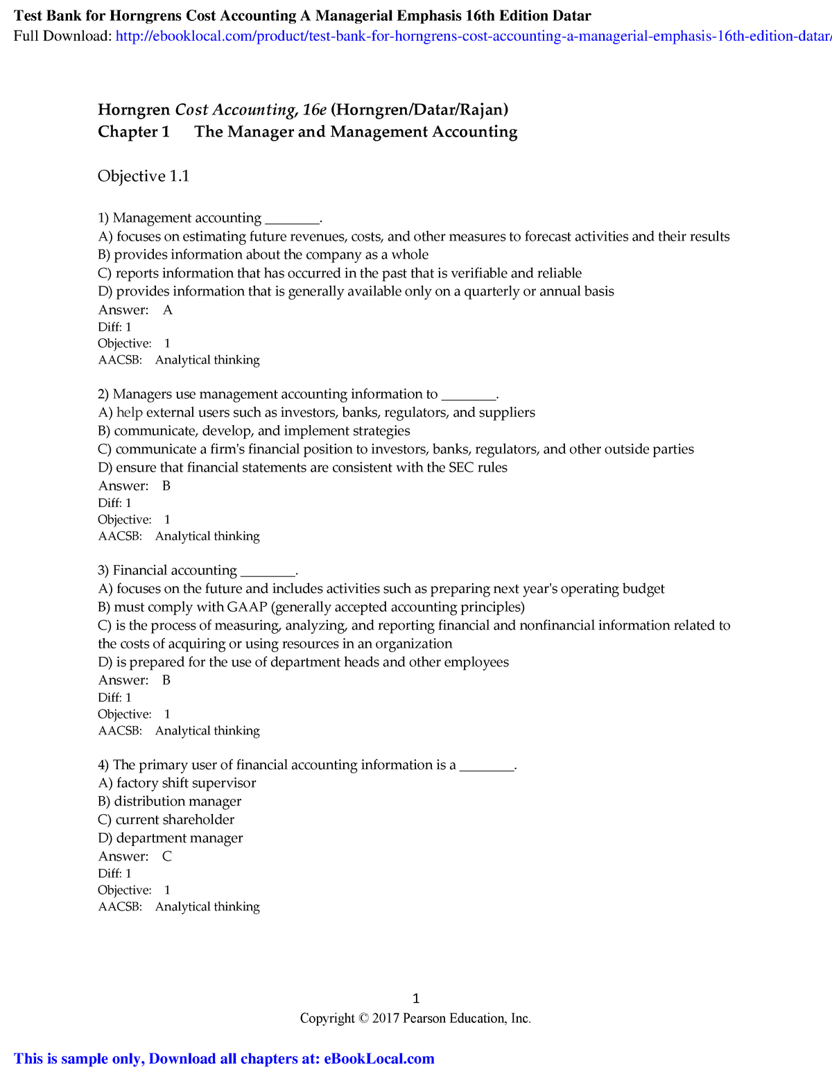 Test Bank-Ch1-Cost Accounting - 1 Copyright © 2017 Pearson Education ...