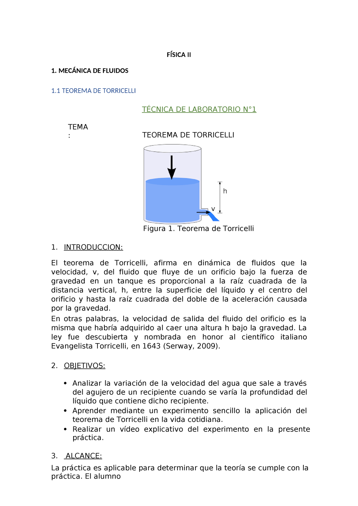 Práctica 1. Teorema de Torricelli (1) - 1. MECÁNICA DE FLUIDOS 1 ...