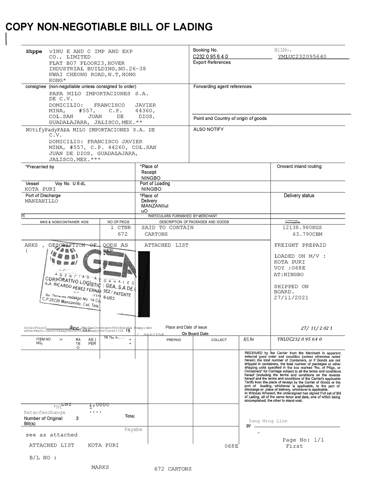 BL MZ221243 documentos trafico COPY NONNEGOTIABLE BILL OF LADING M