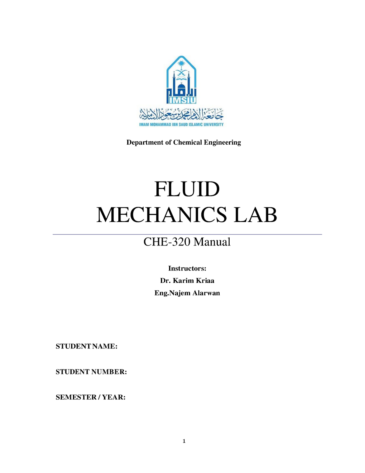 Fluid Mechanics Lab Manual -2019 - FLUID MECHANICS LAB CHE-320 Manual ...