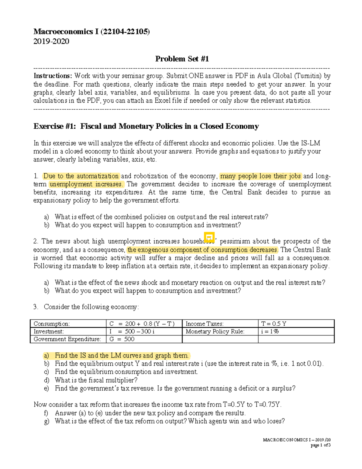 Problem Set 1 2019 Students - MACROECONOMICS I – 2019/ 20 Page 1 Of 3 ...