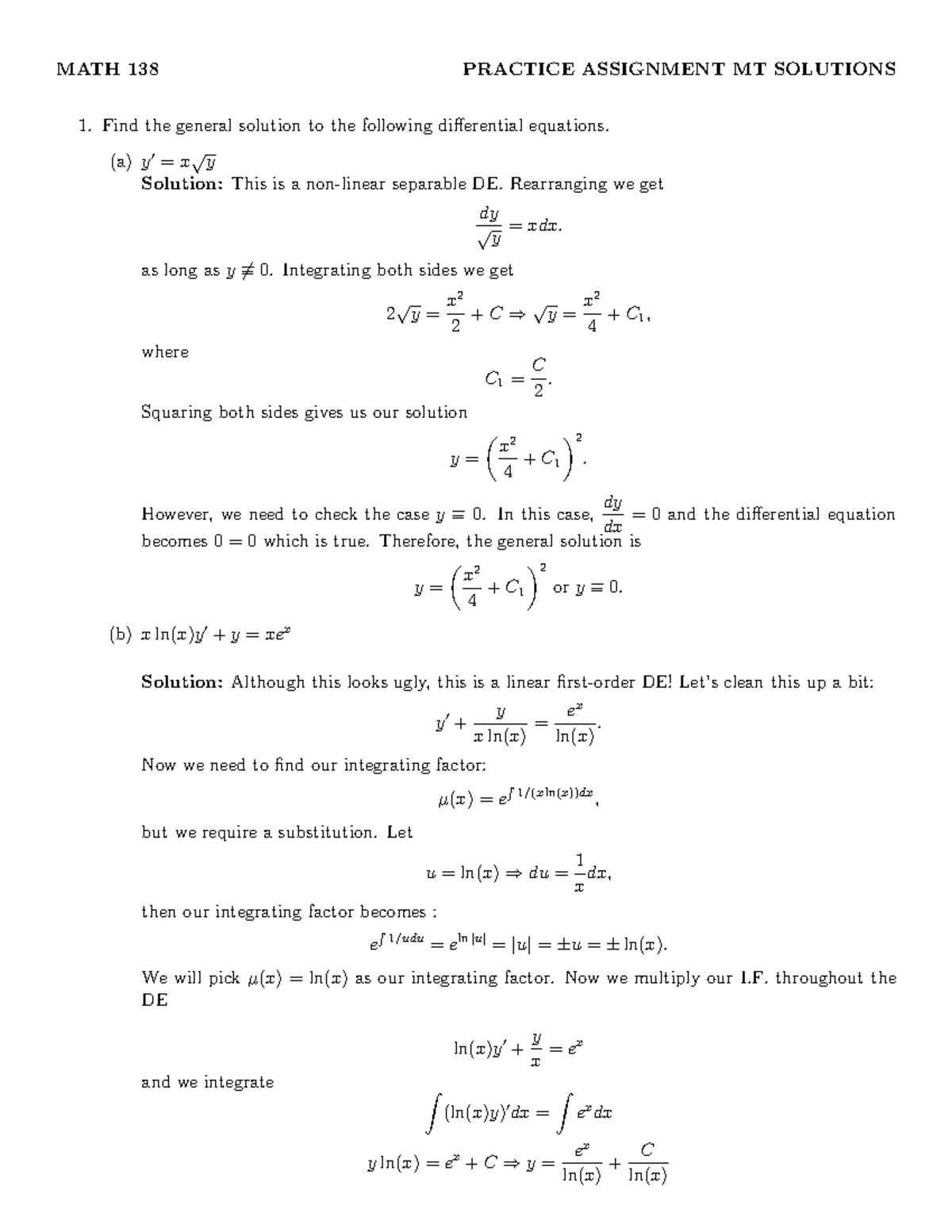 Assign MT - 138 - W19 Solutions - MATH 138 PRACTICE ASSIGNMENT MT ...