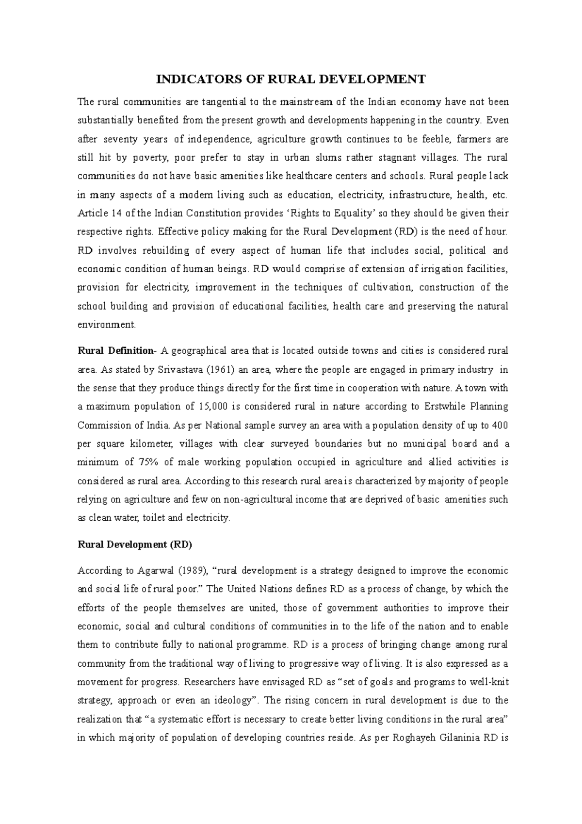 Indicators OF Rural Development INDICATORS OF RURAL DEVELOPMENT The rural communities are