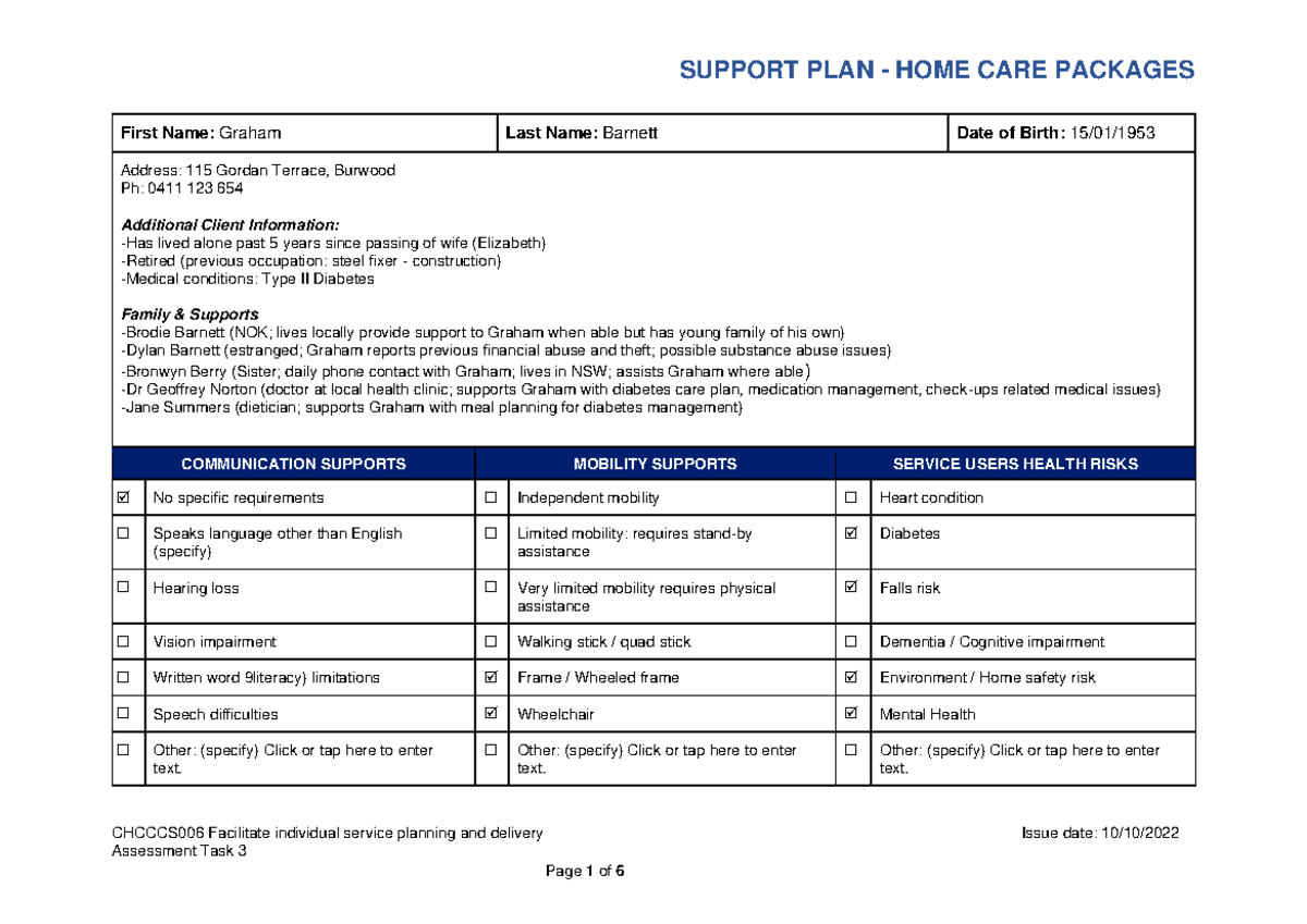 Chcccs 006- Support PLAN - CHCCCS006 Facilitate Individual Service ...