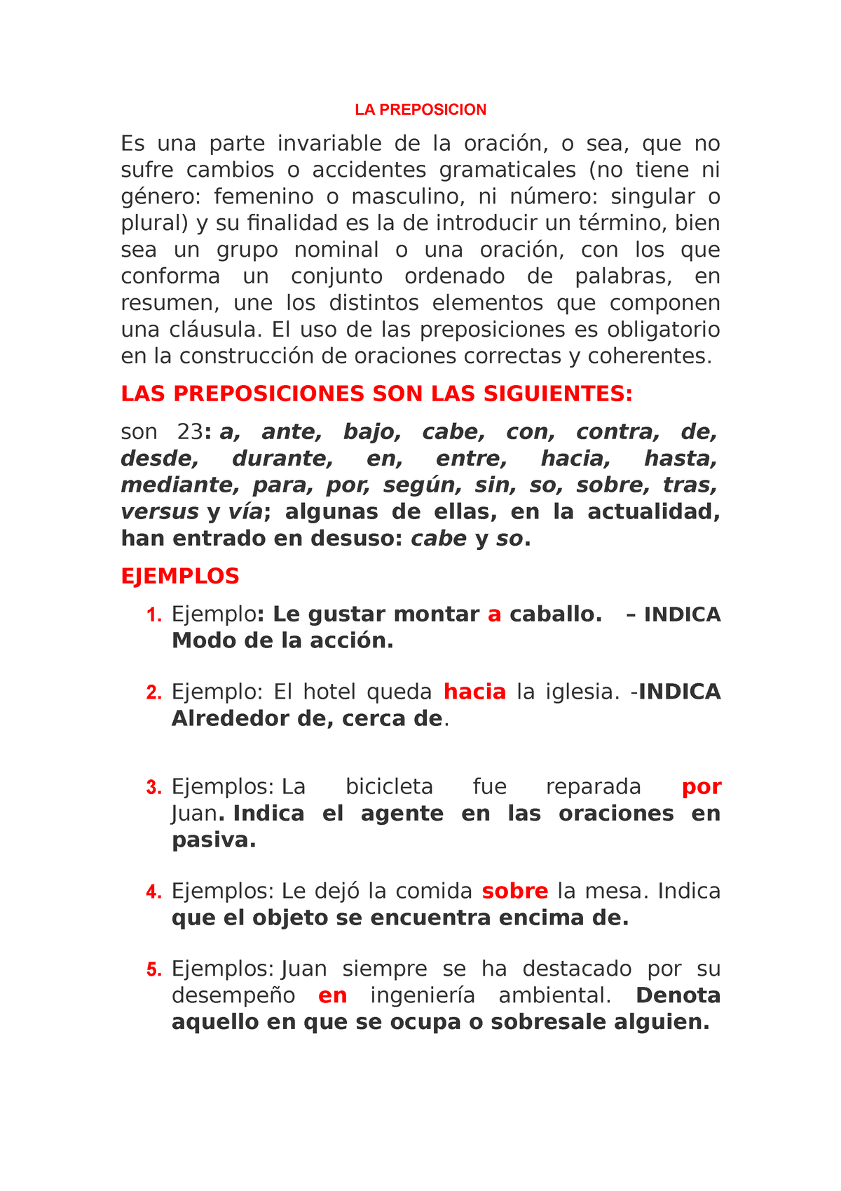 LA Preposicion- LA PREPOSICION Es Una Parte Invariable De La Oración, O ...