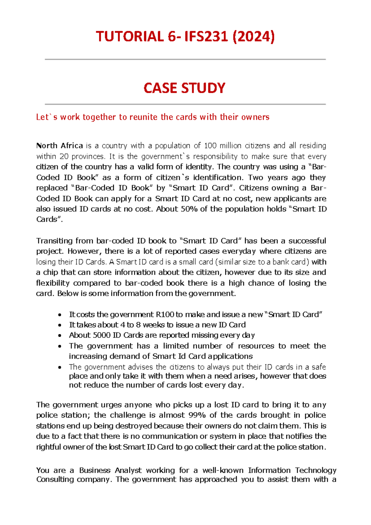 Tutorial+6+-+students - TUTORIAL 6 - IFS231 (2024) CASE STUDY Let`s ...