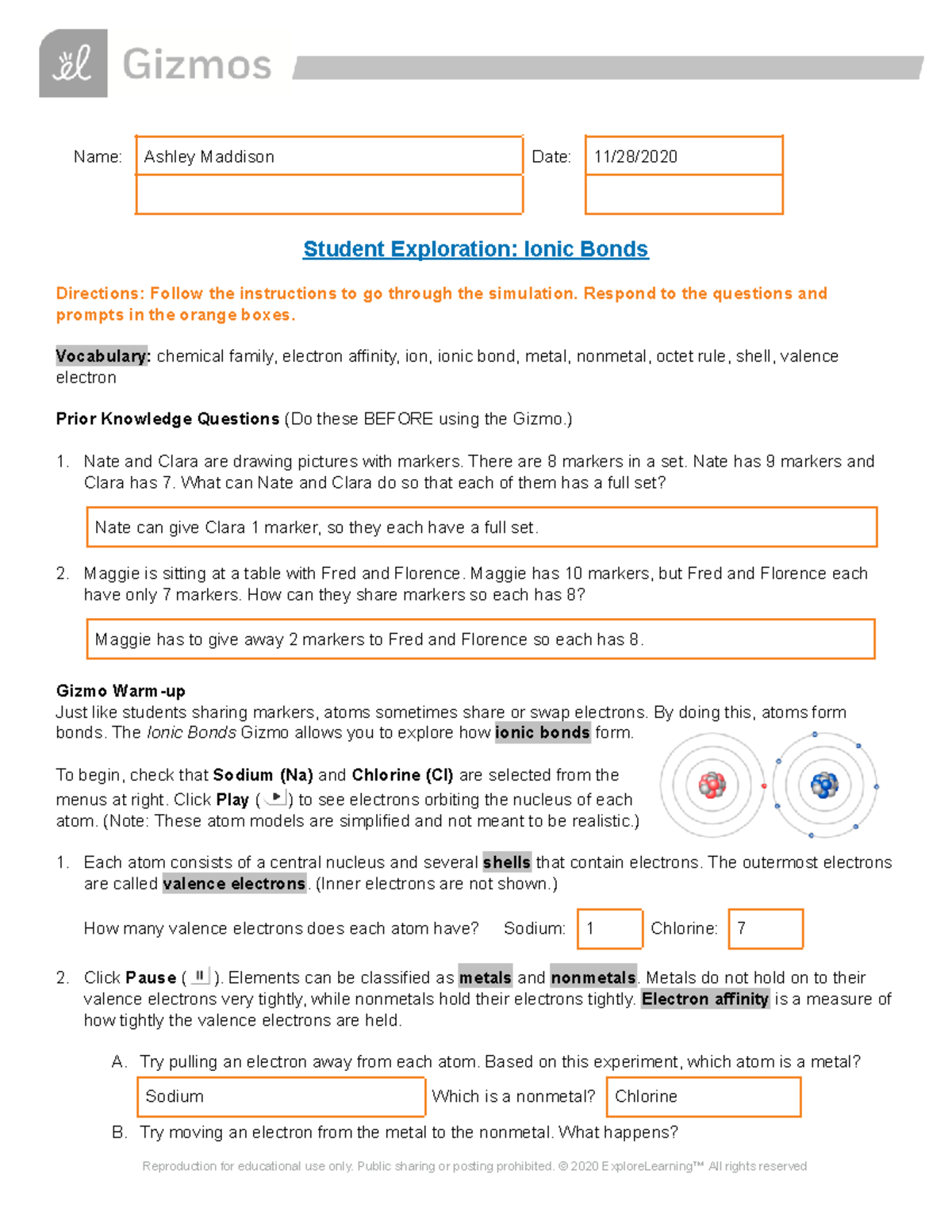 Ionic Bonding Gizmo Answers - Name: Ashley Maddison Date: 20/20 For Ionic Bonds Worksheet Answers