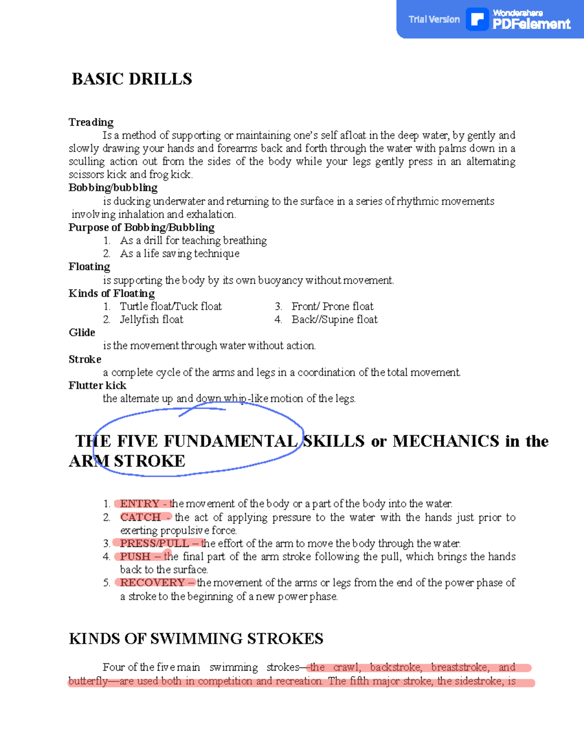 Lecture 2 Swimming - BASIC DRILLS Treading Is a method of supporting or ...