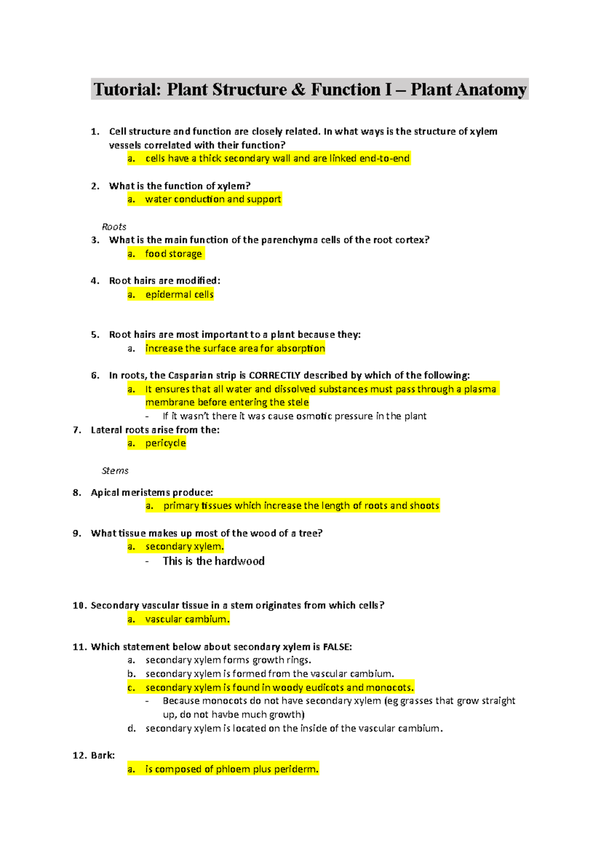 Week 9 plant anatomy questions Tutorial Plant Structure & Function I