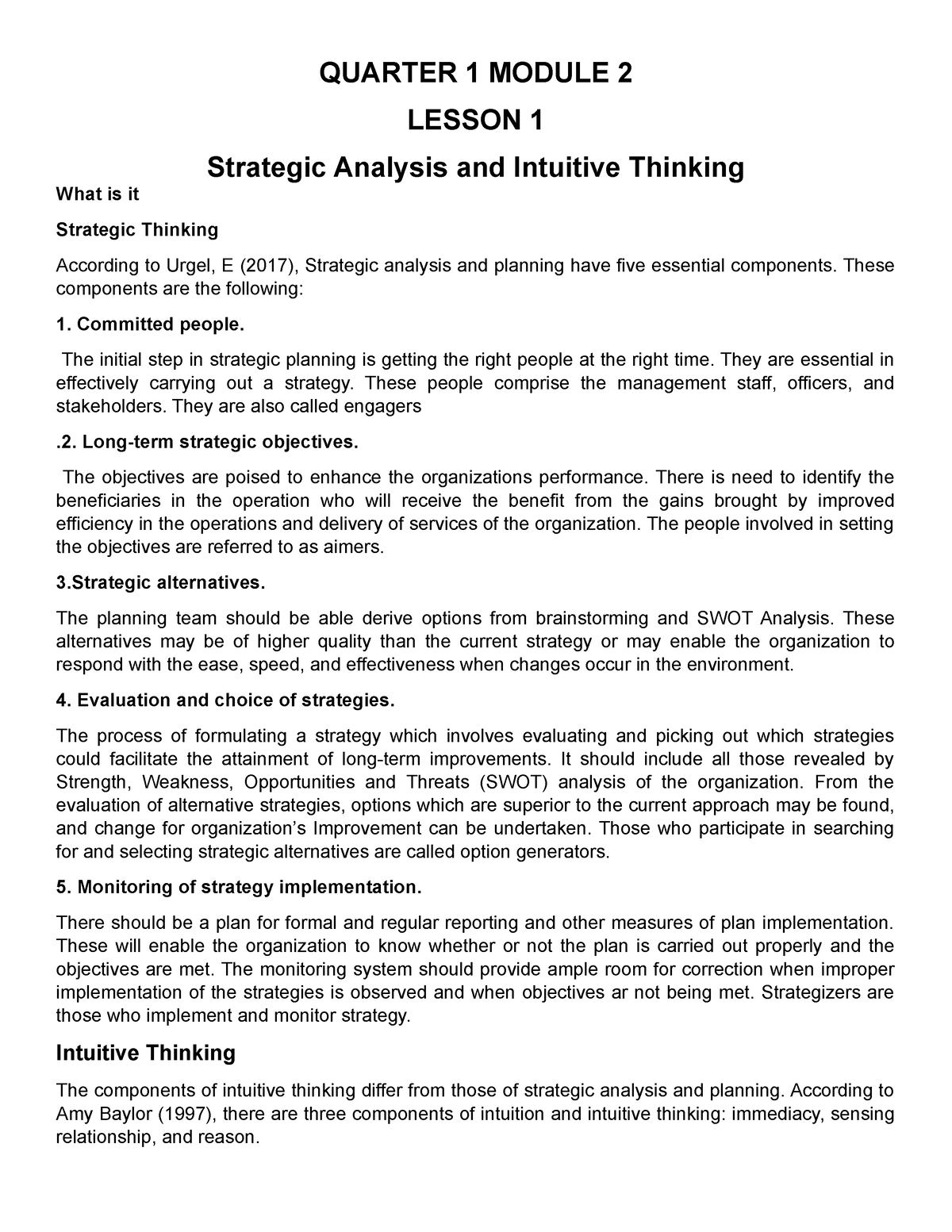 strategic analysis and intuitive thinking essay