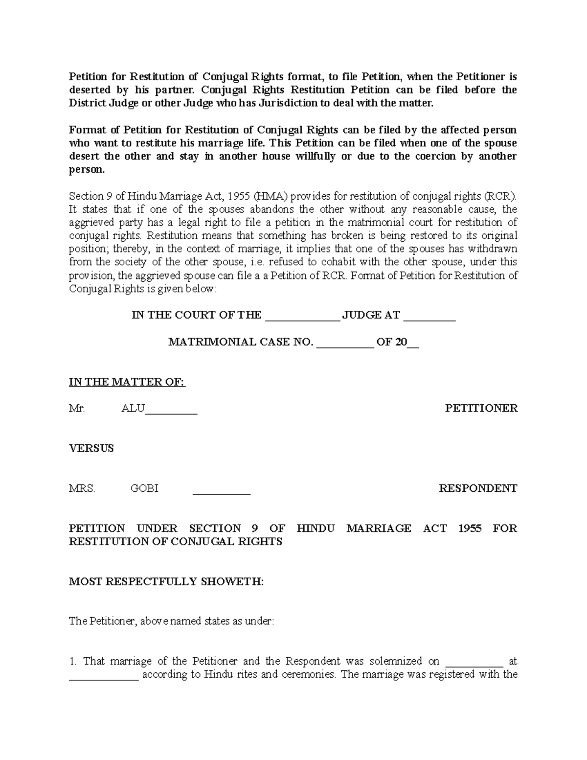 472589682 Petition for Restitution of Conjugal Rights format - Conjugal ...