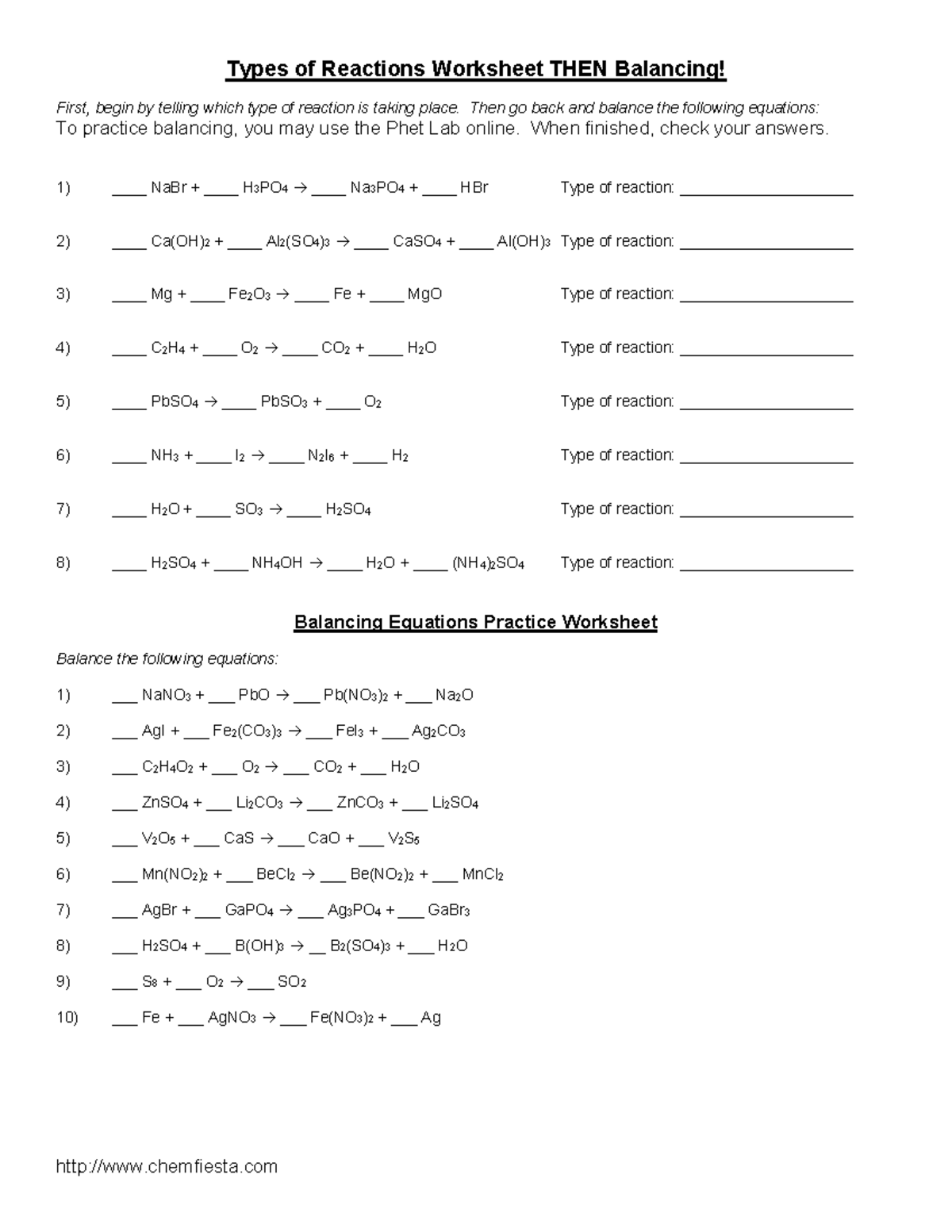 Balancing practice 1 - Types of Reactions Worksheet THEN Balancing ...