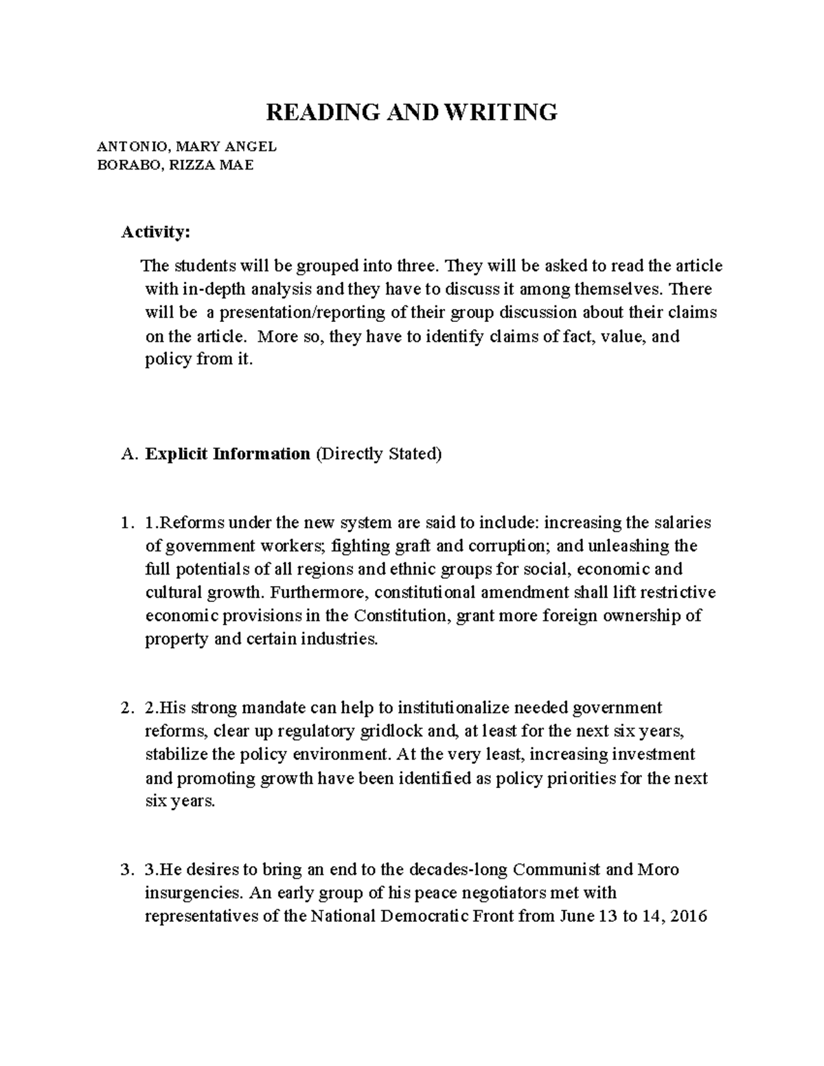 Reading AND Writing classification of claims of fact, claims of value