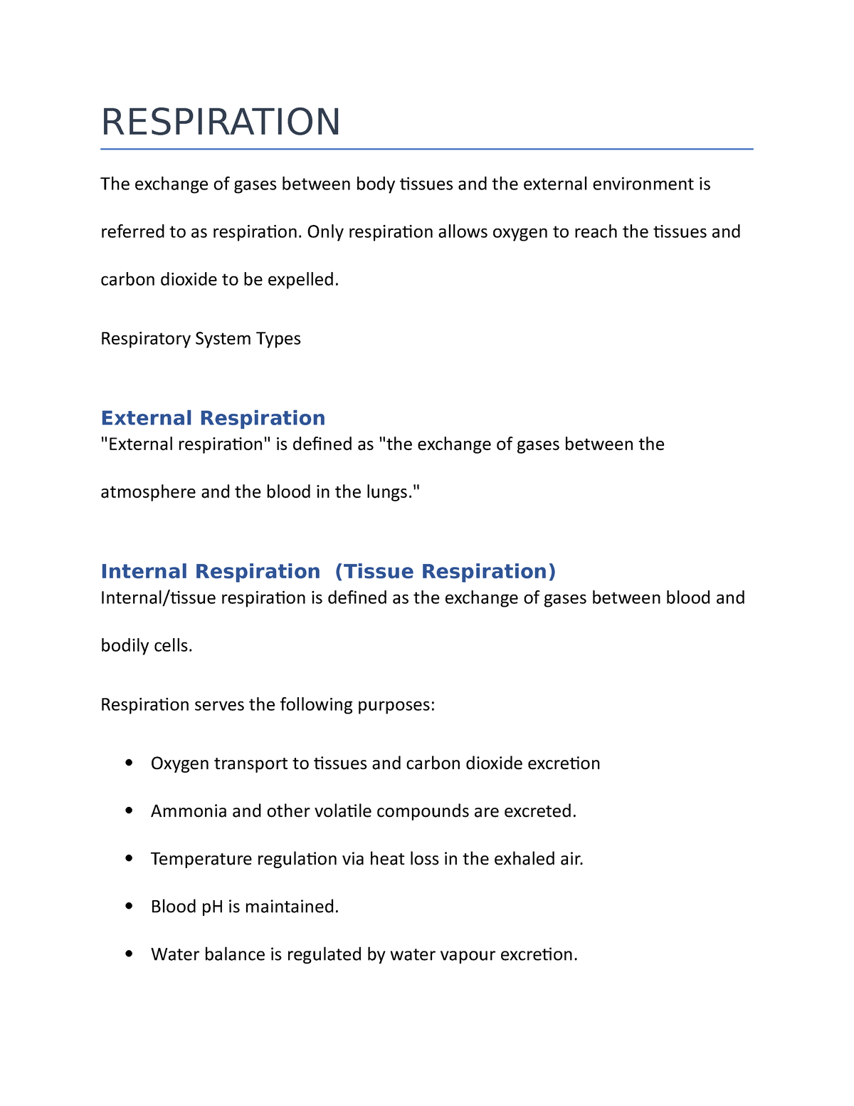 Brife NOTE ON Respiration - RESPIRATION The exchange of gases between ...