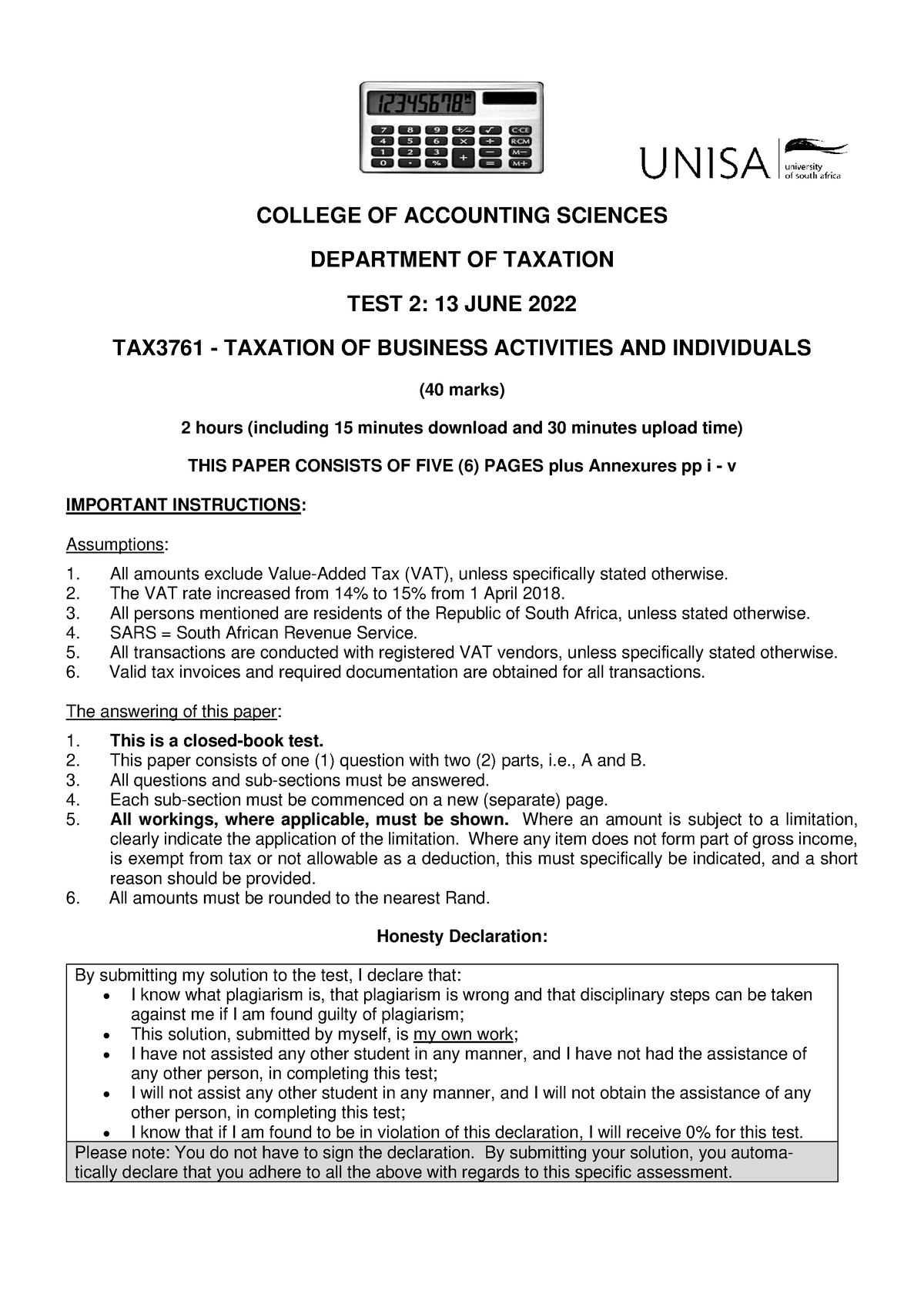 TAX3761 - Test 2 June 2022 - COLLEGE OF ACCOUNTING SCIENCES DEPARTMENT ...