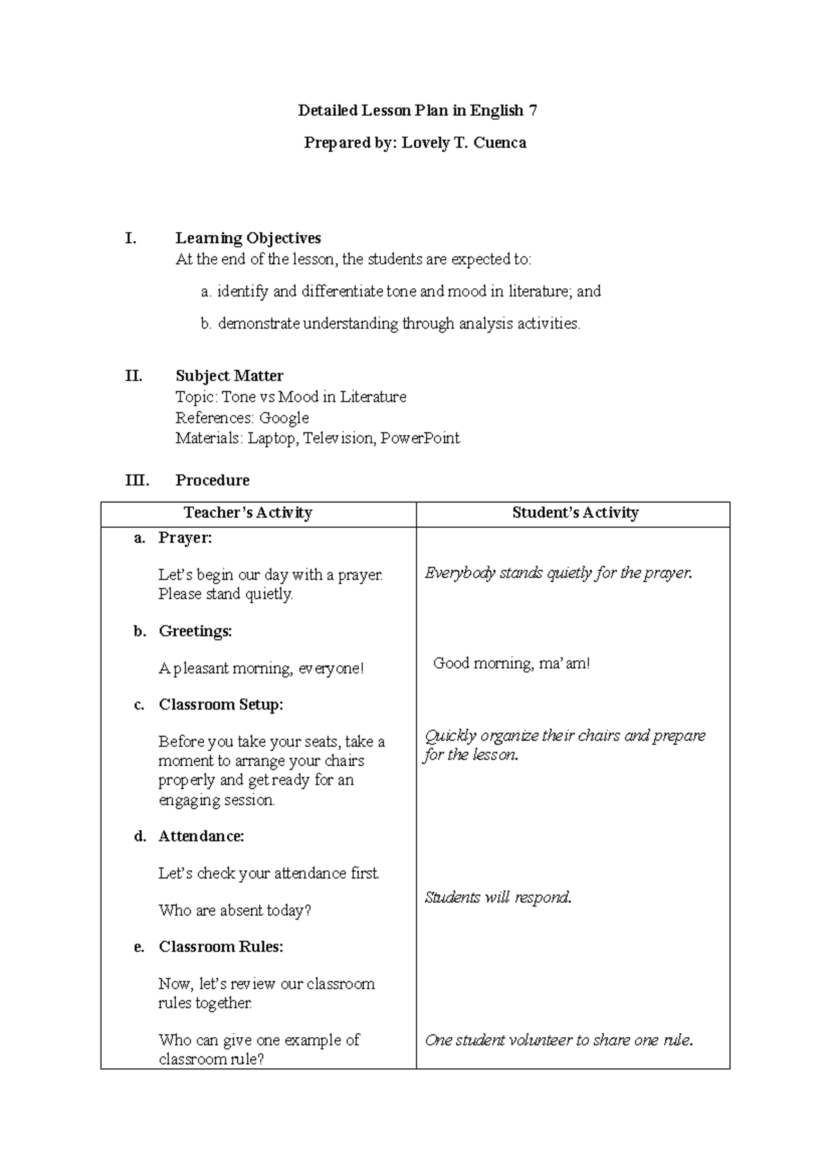 TONE & MOOD IN Literature ( Grade 7) - Detailed Lesson Plan in English ...